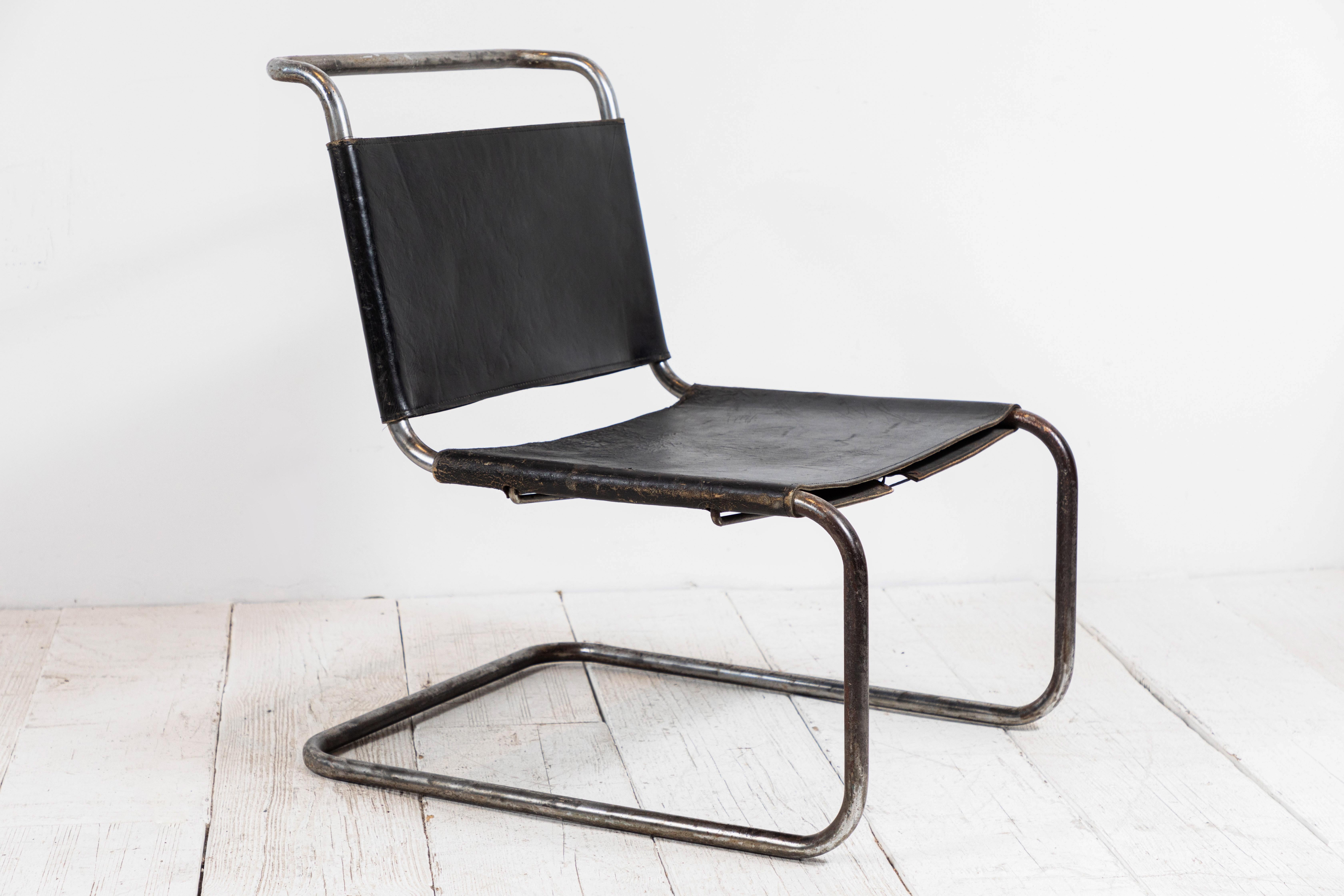 French Pair of Black leather and Chrome Marcel Breuer Style Chairs