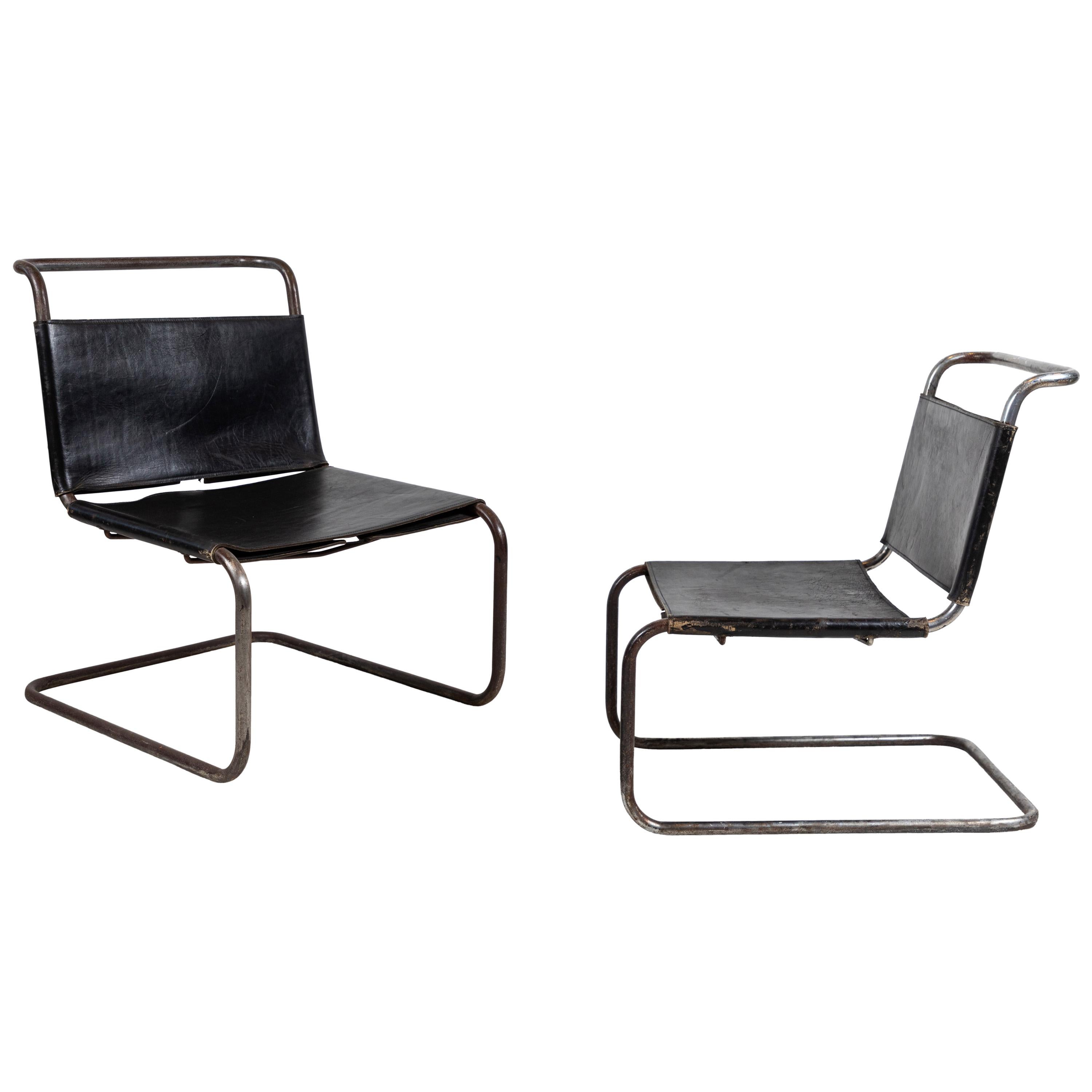 Pair of Black leather and Chrome Marcel Breuer Style Chairs