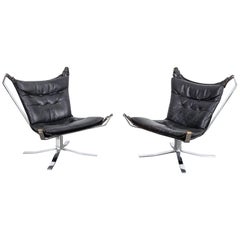Pair of Black Leather and Chrome Flat Bar 
Falcon
 Style Chairs, Denmark, 1960s.