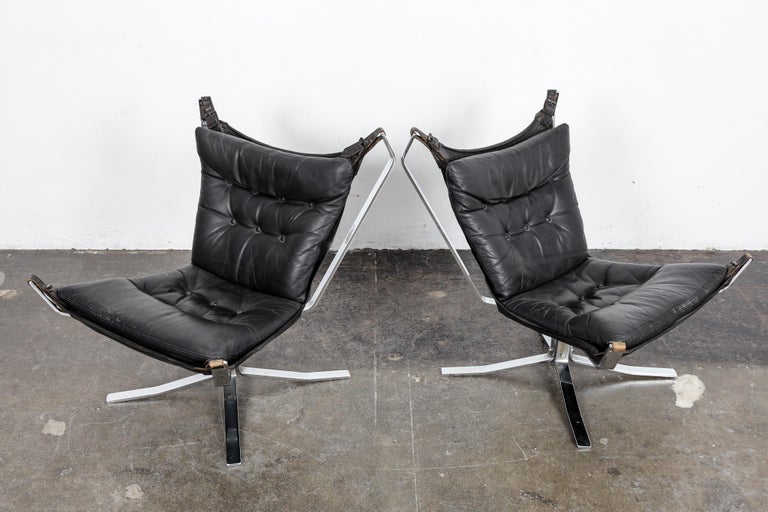 Pair of Black Leather and Chrome Flat Bar 'Falcon' Style Chairs