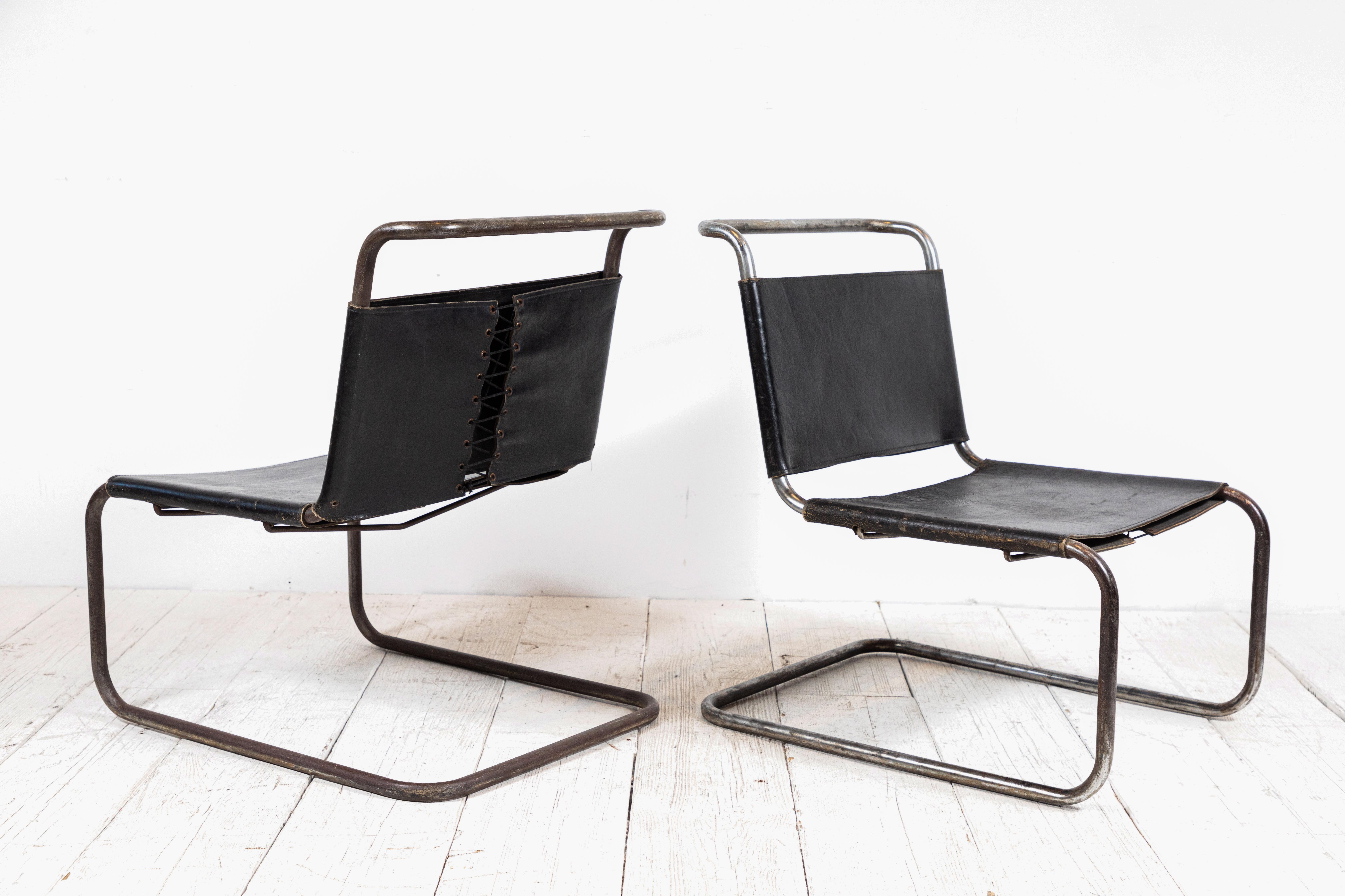 French Pair of Black Leather and Chrome Marcel Breuer Style Chairs