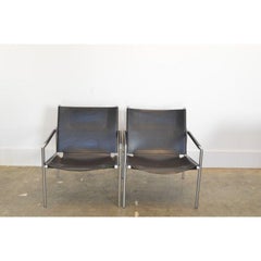 Pair of Black Leather and Chrome Martin Visser Lounge Chairs, Model SZ02 1965