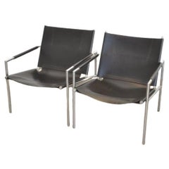 Pair of Black Leather and Chrome Martin Visser Lounge Chairs, Model SZ02 1965