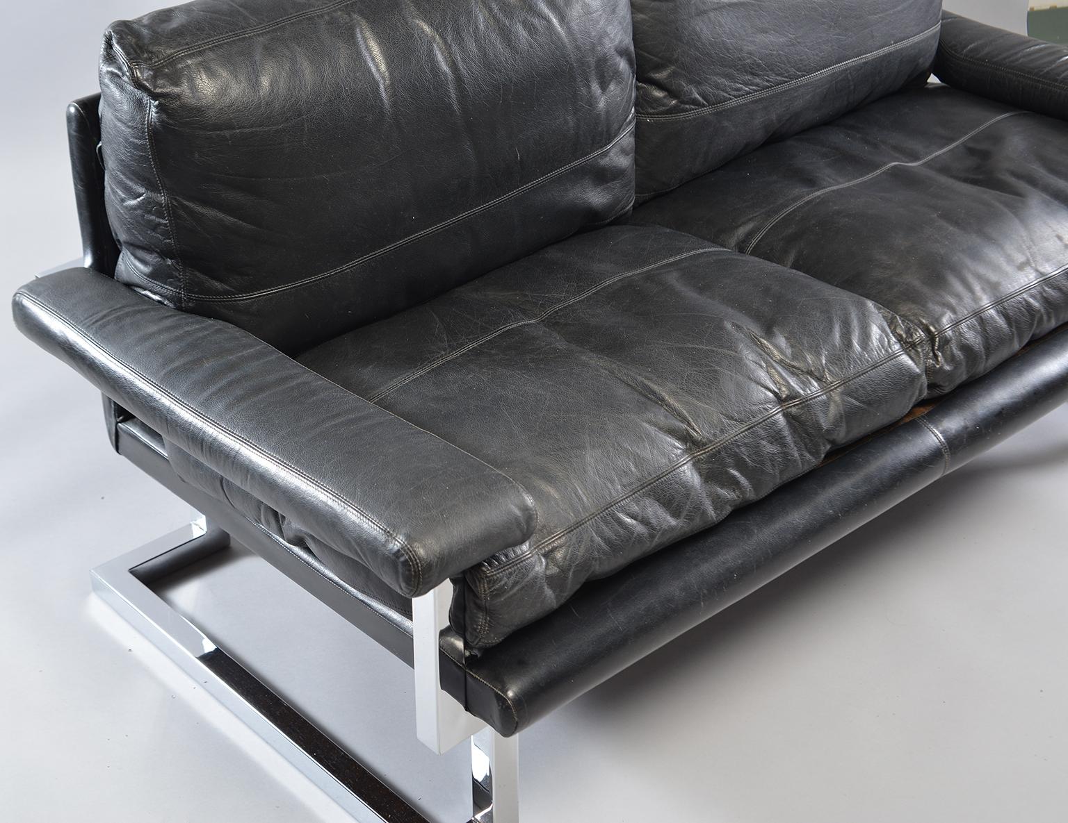 Pair of Black Leather and Chrome Sofas by Tim Bates for Pieff & Co 4