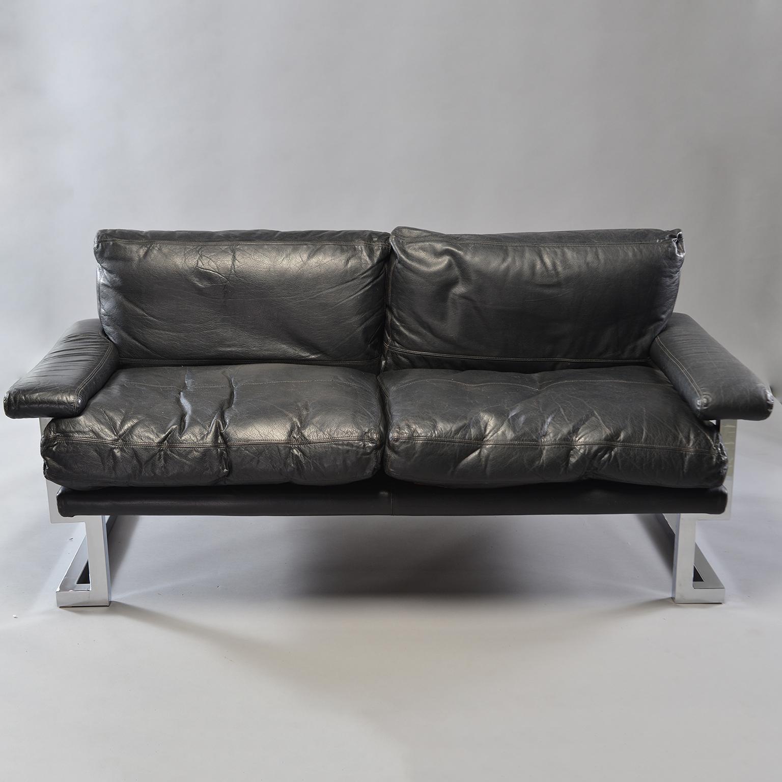 Pair of Black Leather and Chrome Sofas by Tim Bates for Pieff & Co 7