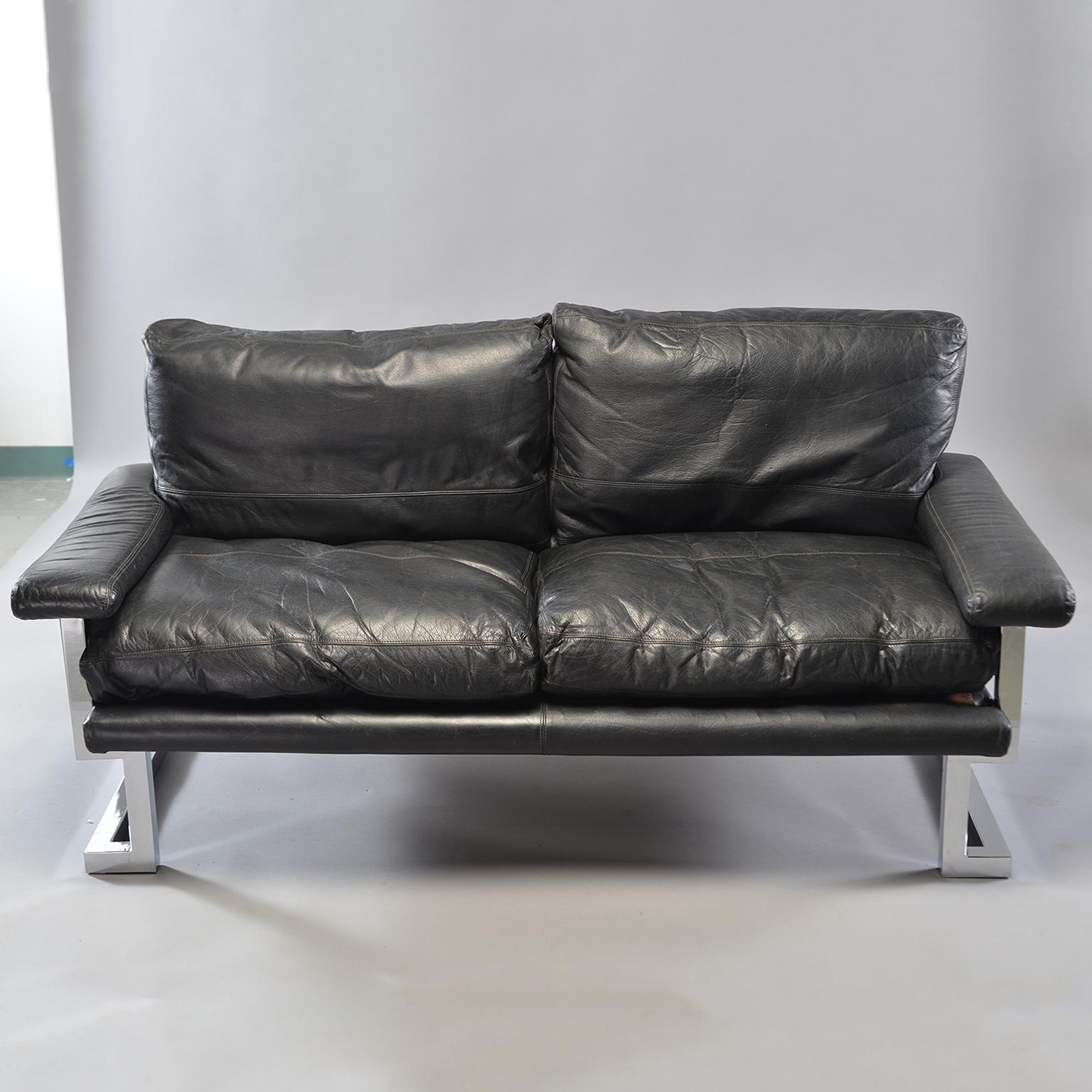 Pair of Black Leather and Chrome Sofas by Tim Bates for Pieff & Co 9