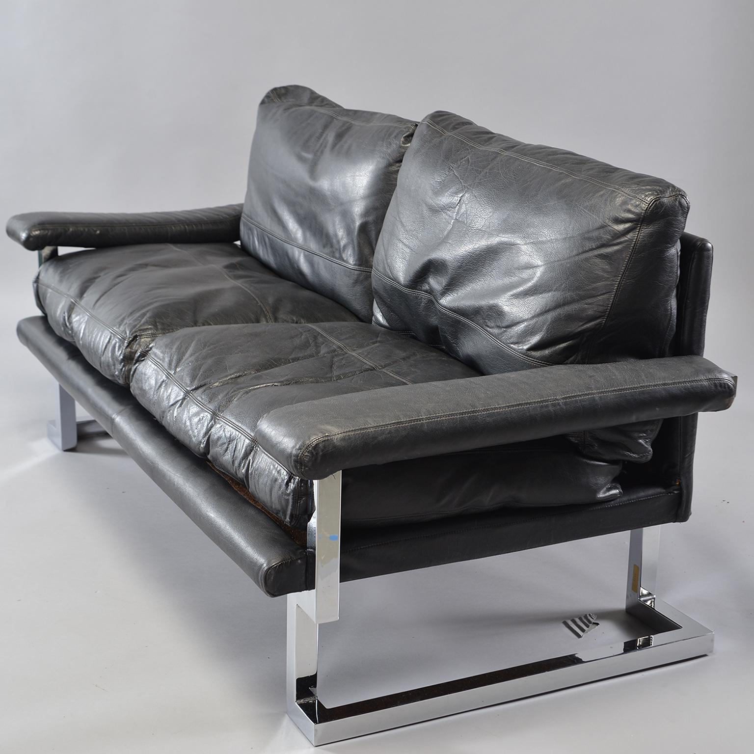 Pair of Black Leather and Chrome Sofas by Tim Bates for Pieff & Co 10