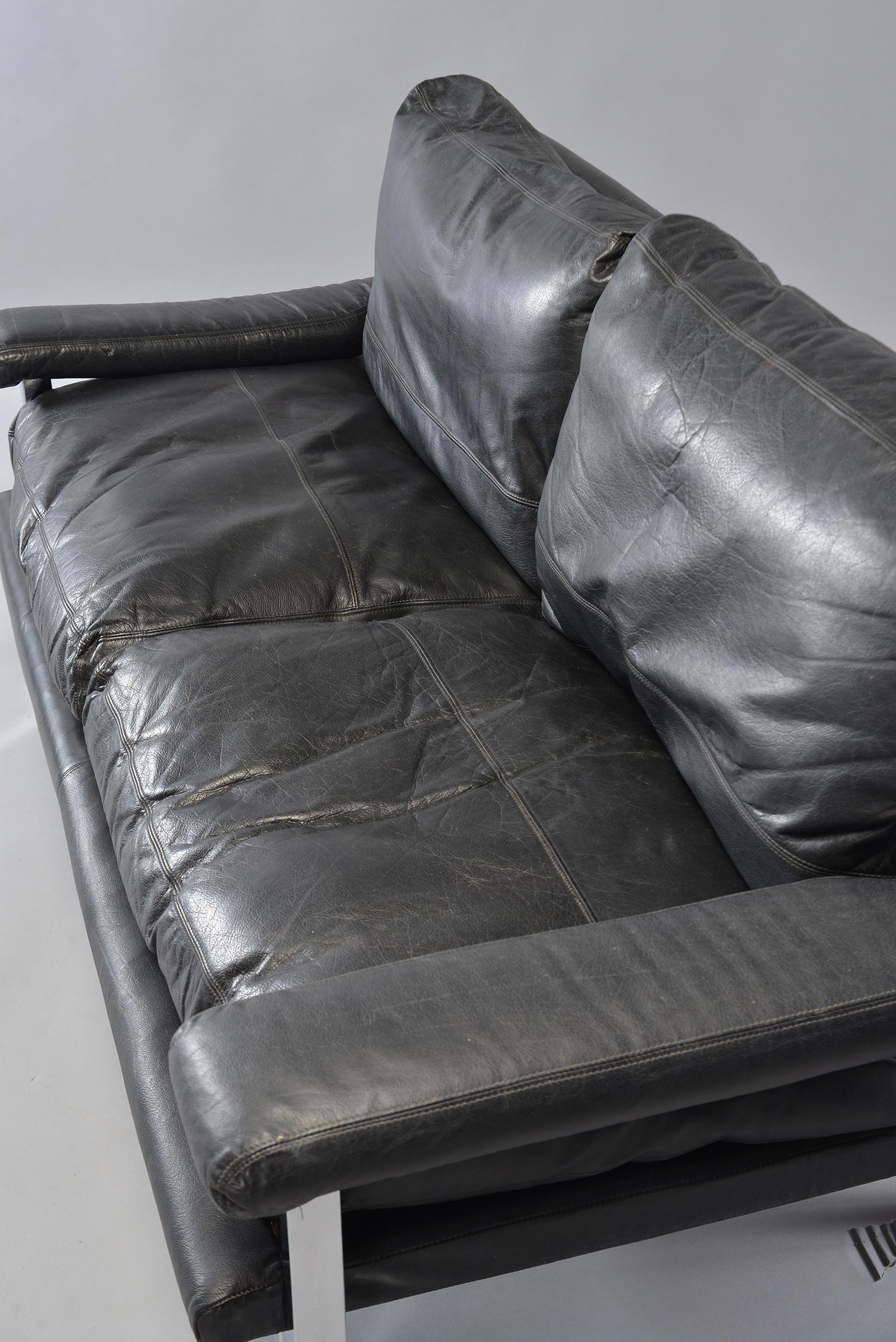 Pair of Black Leather and Chrome Sofas by Tim Bates for Pieff & Co 12