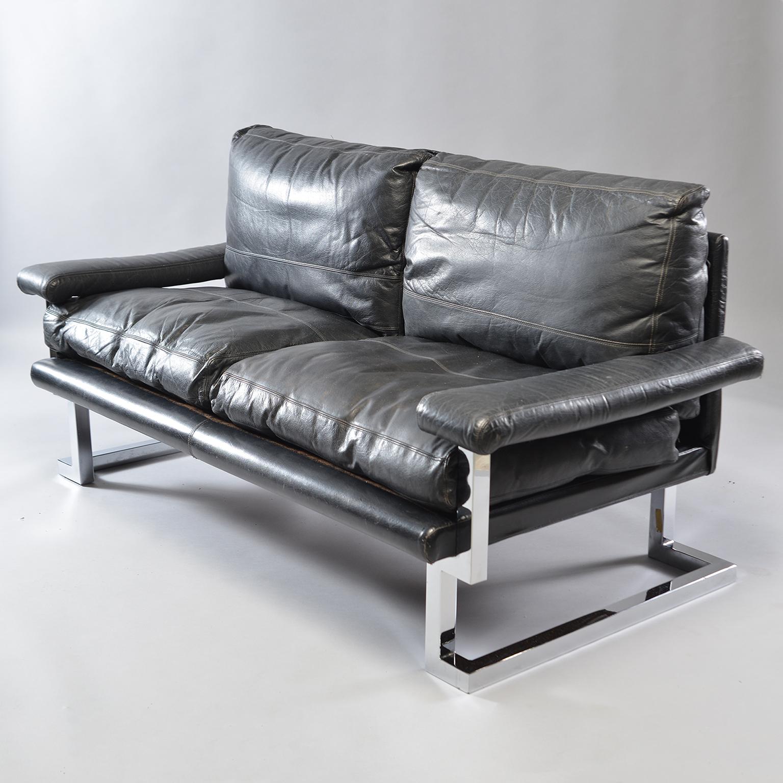 Mid-Century Modern Pair of Black Leather and Chrome Sofas by Tim Bates for Pieff & Co