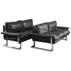 Pair of Black Leather and Chrome Sofas by Tim Bates for Pieff & Co
