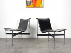 Paire de chaises longues New York Sling en cuir noir et acier chromé par Laverne