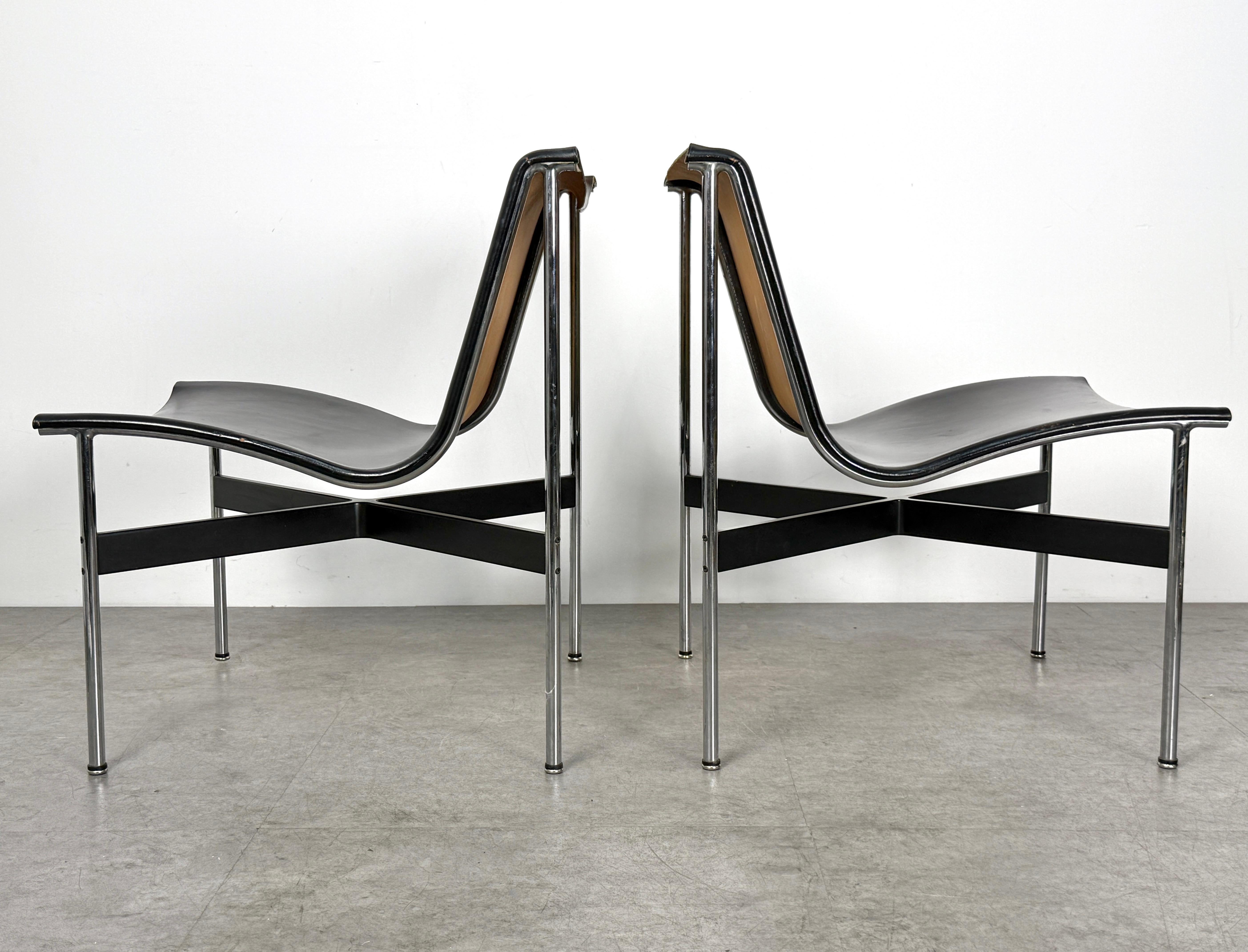 Mid-Century Modern Pair of Black Leather and Chromed Steel New York Sling Lounge Chairs by Laverne For Sale
