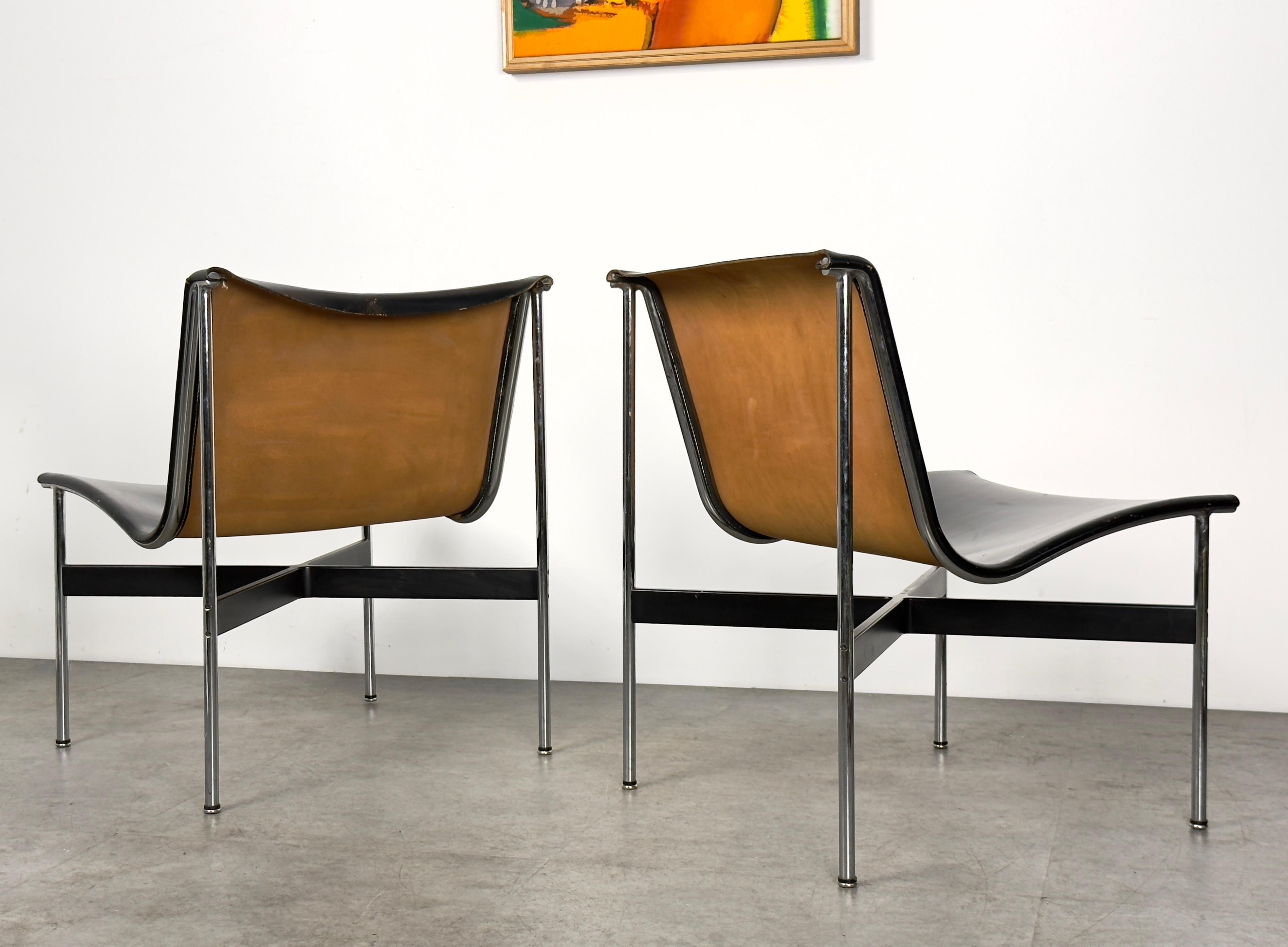 Mid-20th Century Pair of Black Leather and Chromed Steel New York Sling Lounge Chairs by Laverne For Sale
