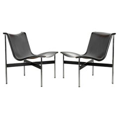 Pair of Black Leather and Chromed Steel New York Sling Lounge Chairs by Laverne