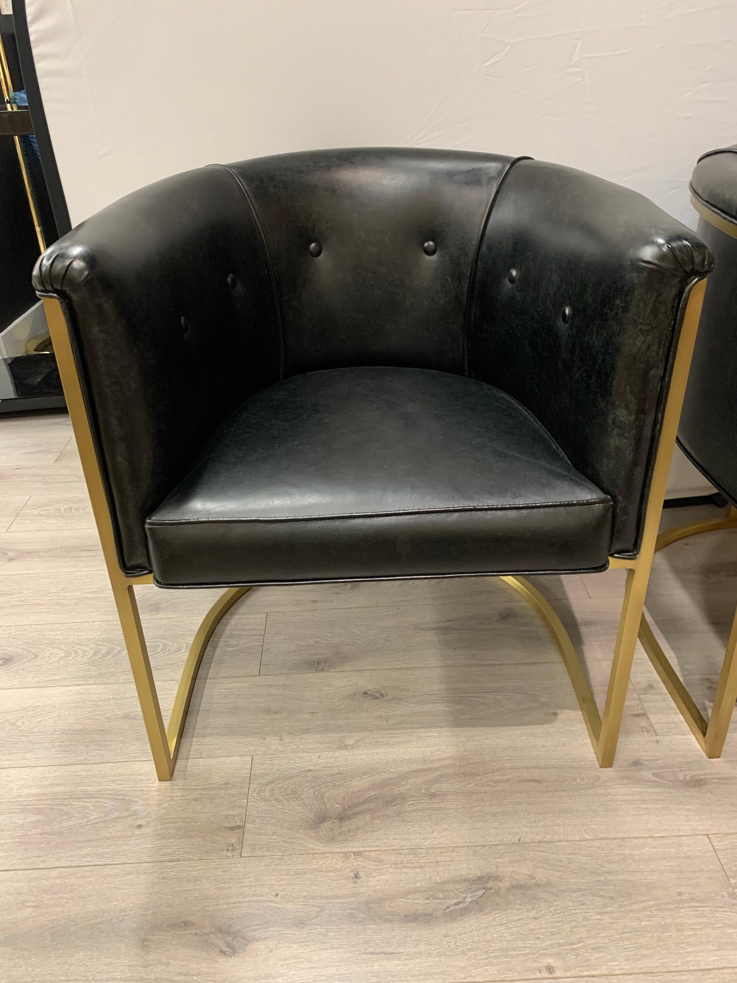 Pair of Black Leather and Gold Steel Rounded Barrel Back Chairs 2