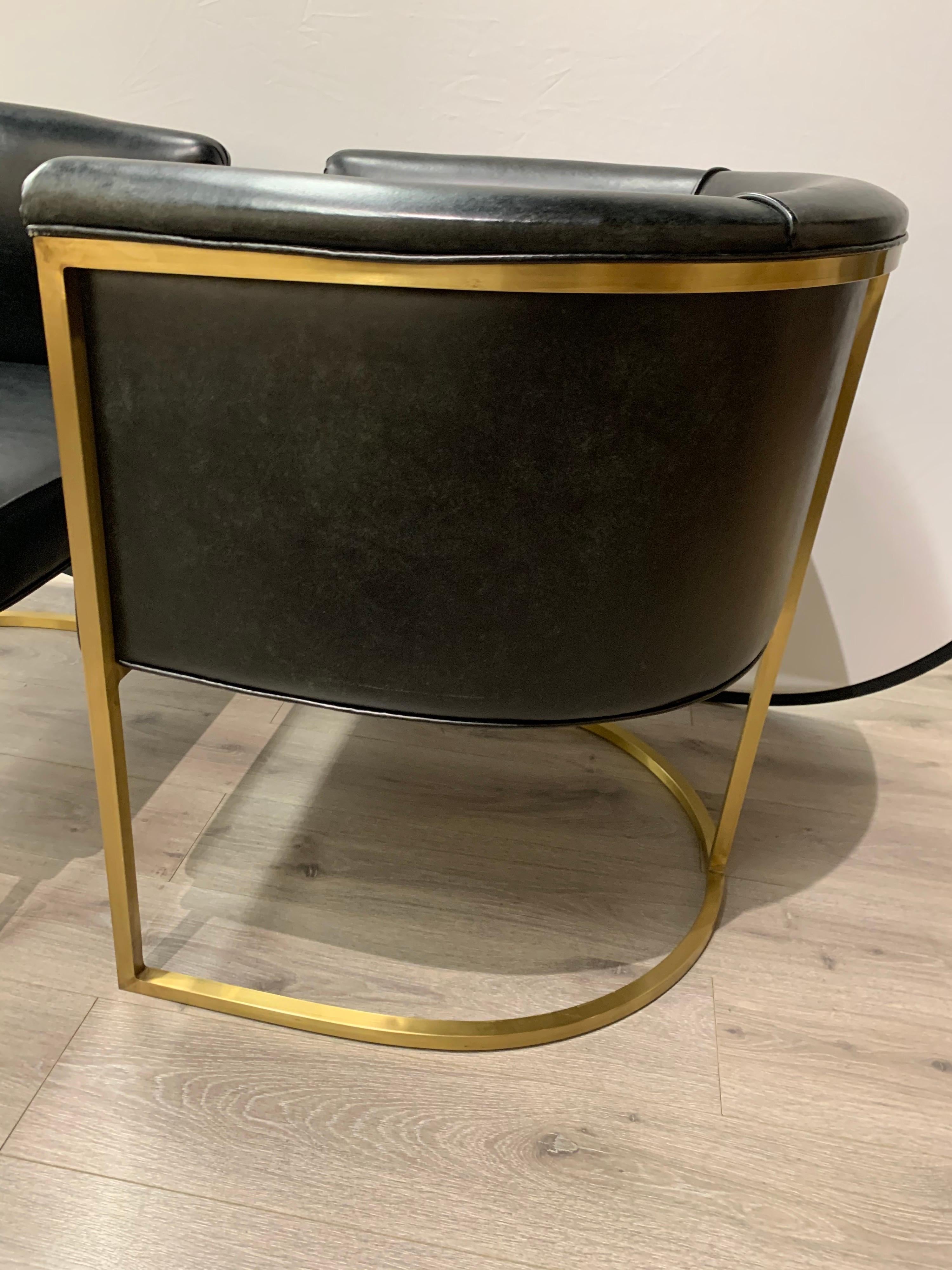 Mid-Century Modern Pair of Black Leather and Gold Steel Rounded Barrel Back Chairs