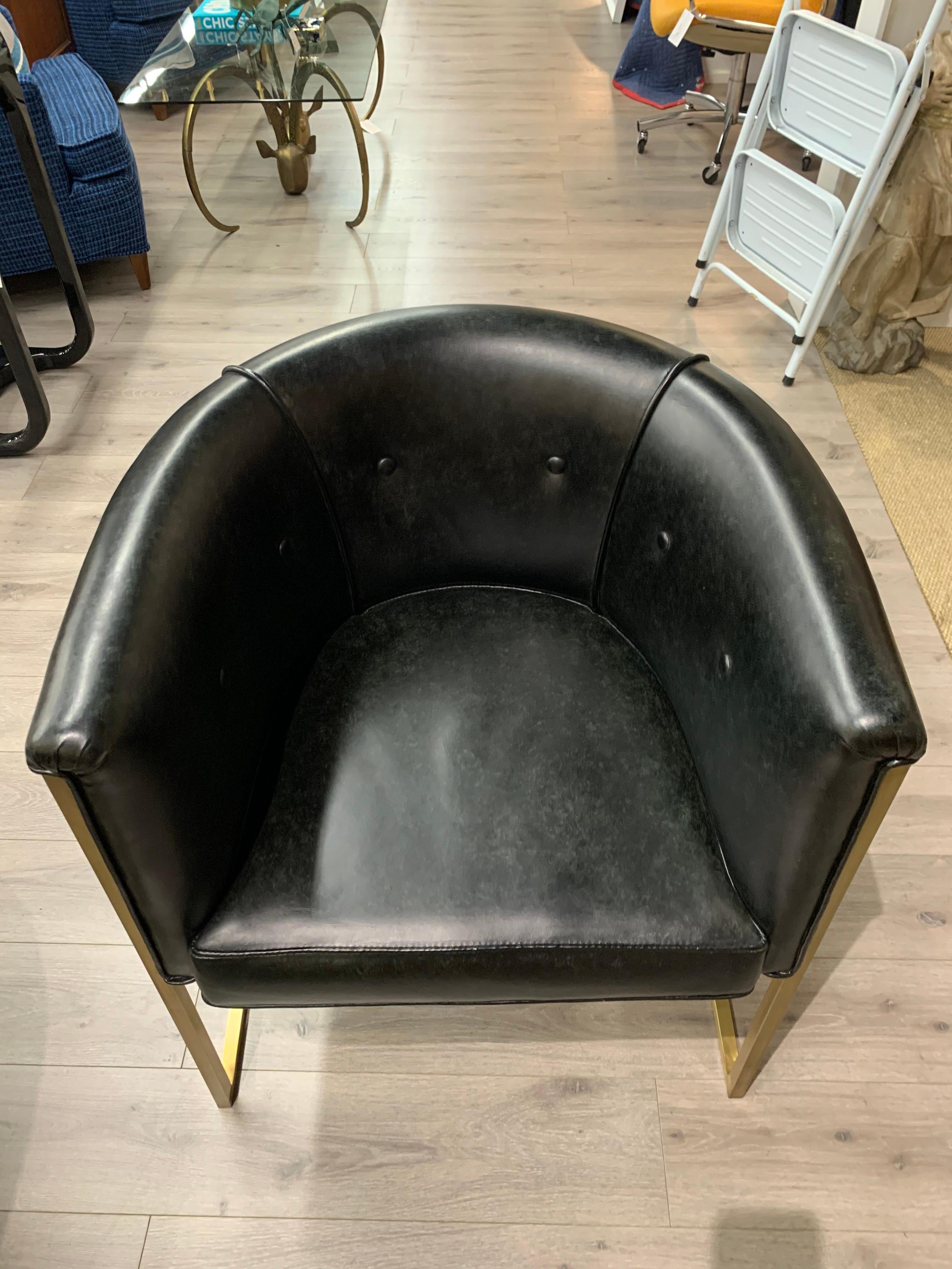 Pair of Black Leather and Gold Steel Rounded Barrel Back Chairs 1