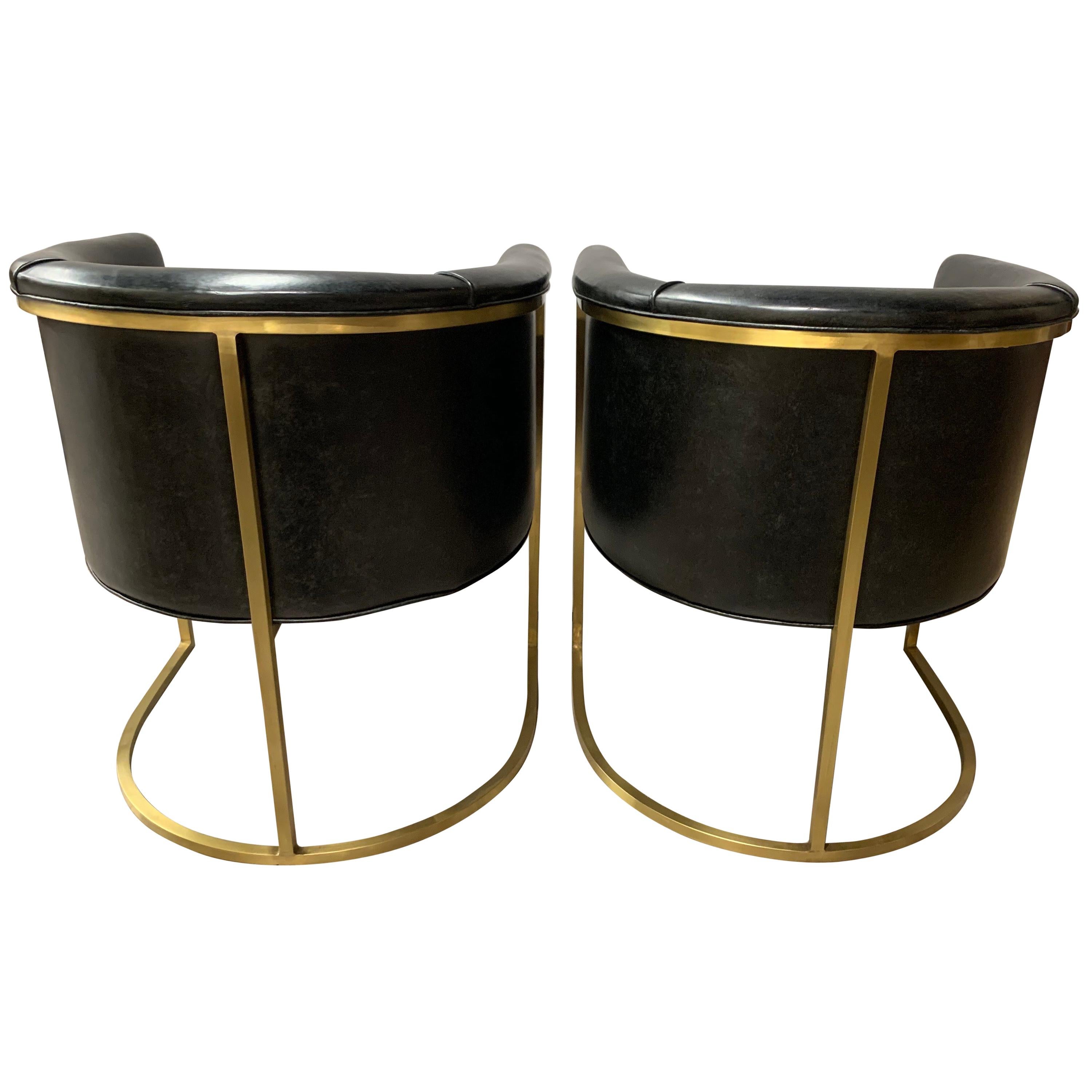 Pair of Black Leather and Gold Steel Rounded Barrel Back Chairs