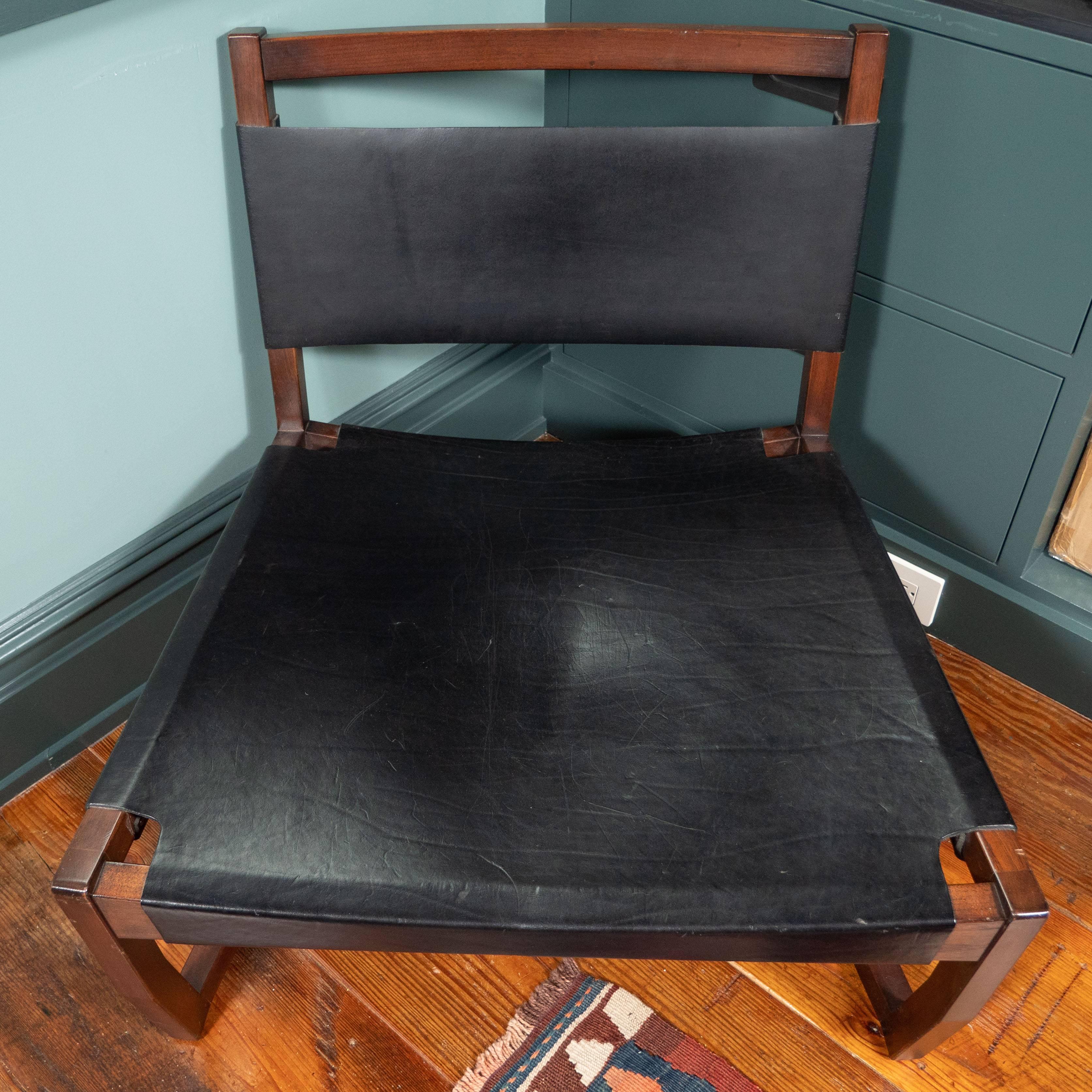 American Pair of Black Leather and Rosewood Sling Chairs