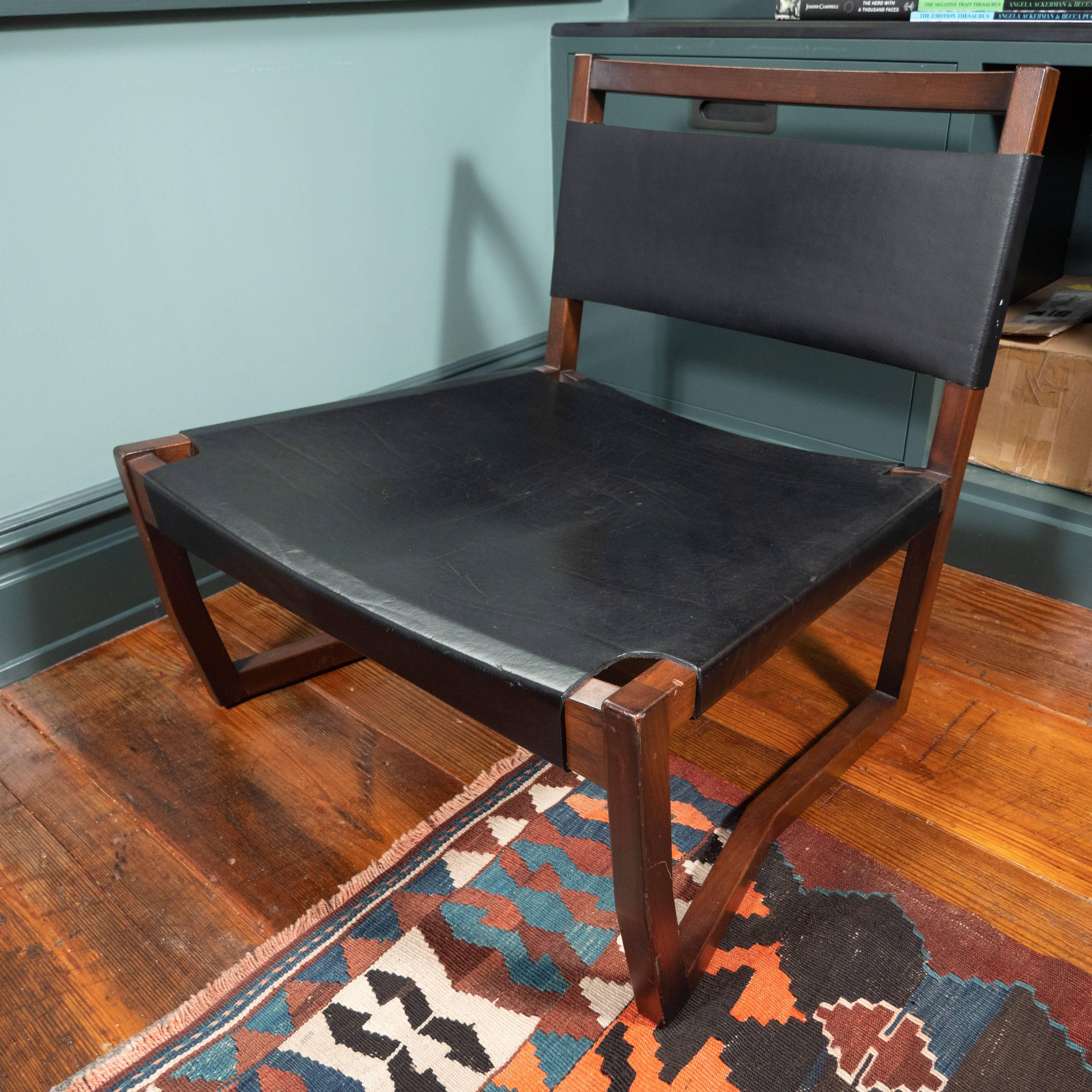 Pair of Black Leather and Rosewood Sling Chairs 1