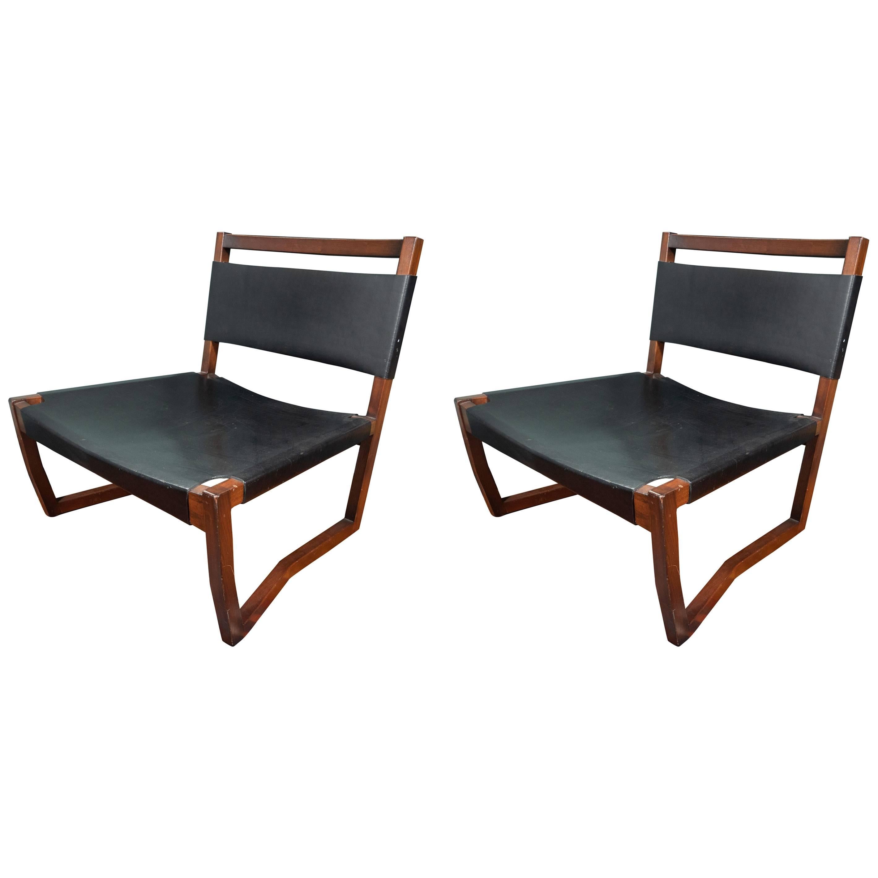 Pair of Black Leather and Rosewood Sling Chairs