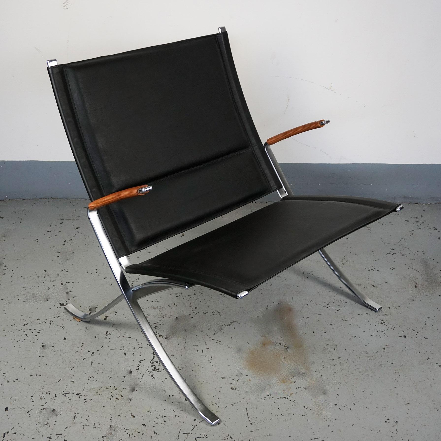 Danish Pair of Black Leather and Steel Lounge Chairs by Fabricius & Kastholm