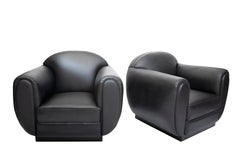 Pair of Black Leather and Wood Art Deco Armchairs, Italy, circa 1930