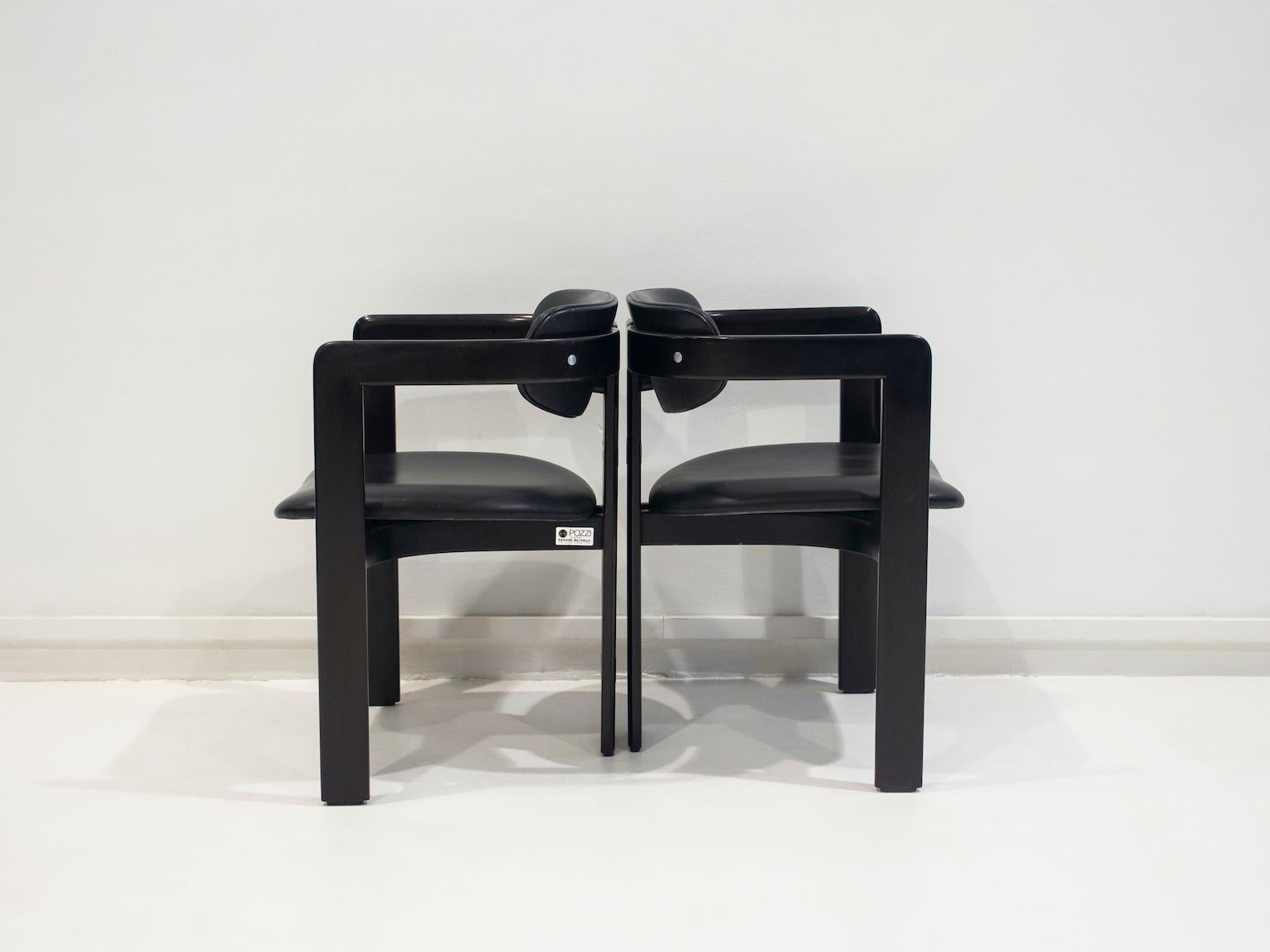 Pair of Black Leather and Wood Chairs by Augusto Savini for Pozzi 7