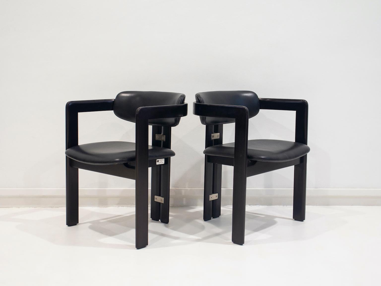 Italian Pair of Black Leather and Wood Chairs by Augusto Savini for Pozzi