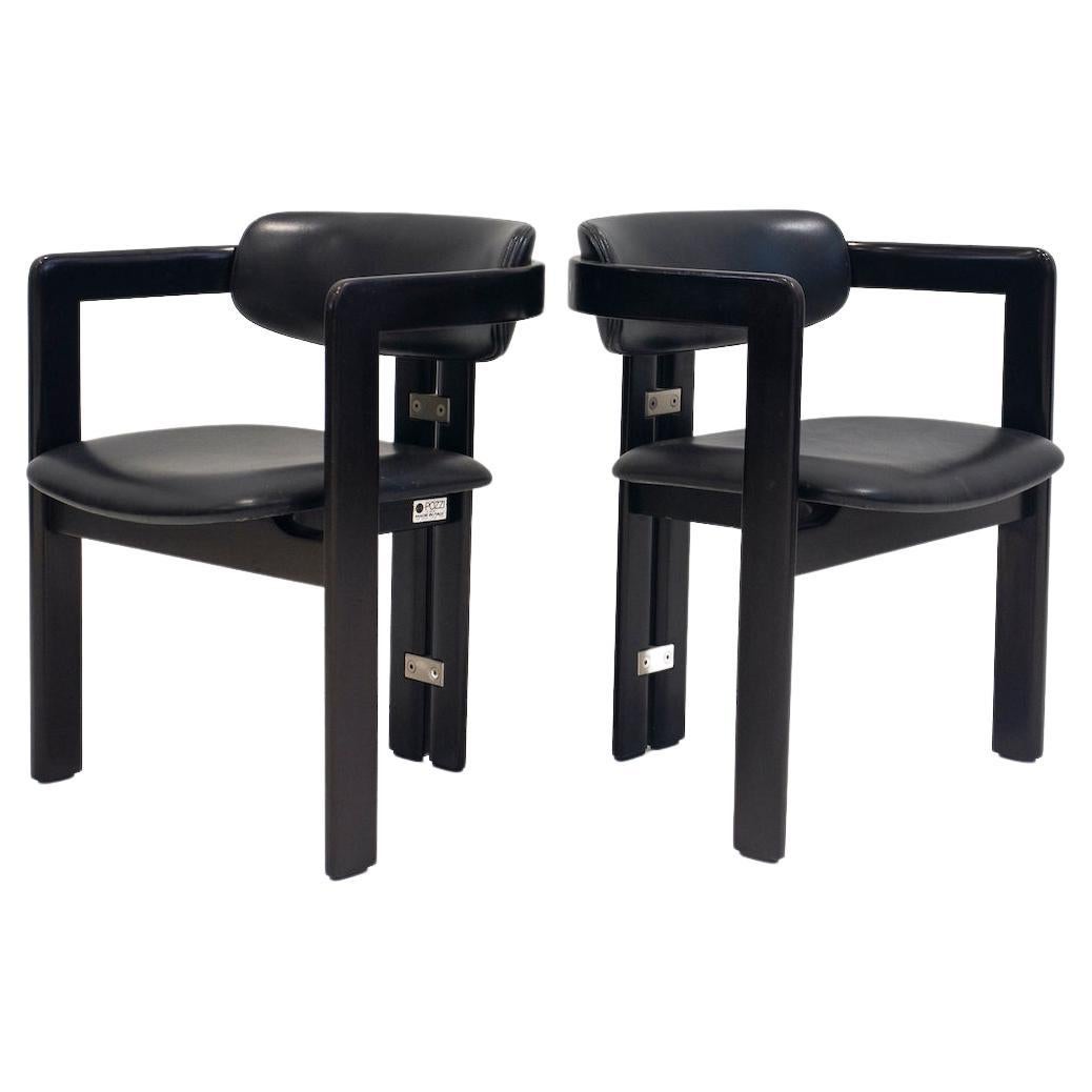 Pair of Black Leather and Wood Chairs by Augusto Savini for Pozzi