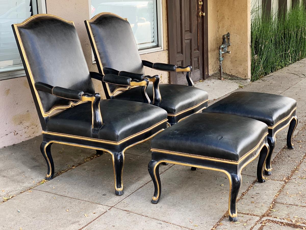 Pair of Black Leather Armchairs and Ottomans, circa 1960s 3