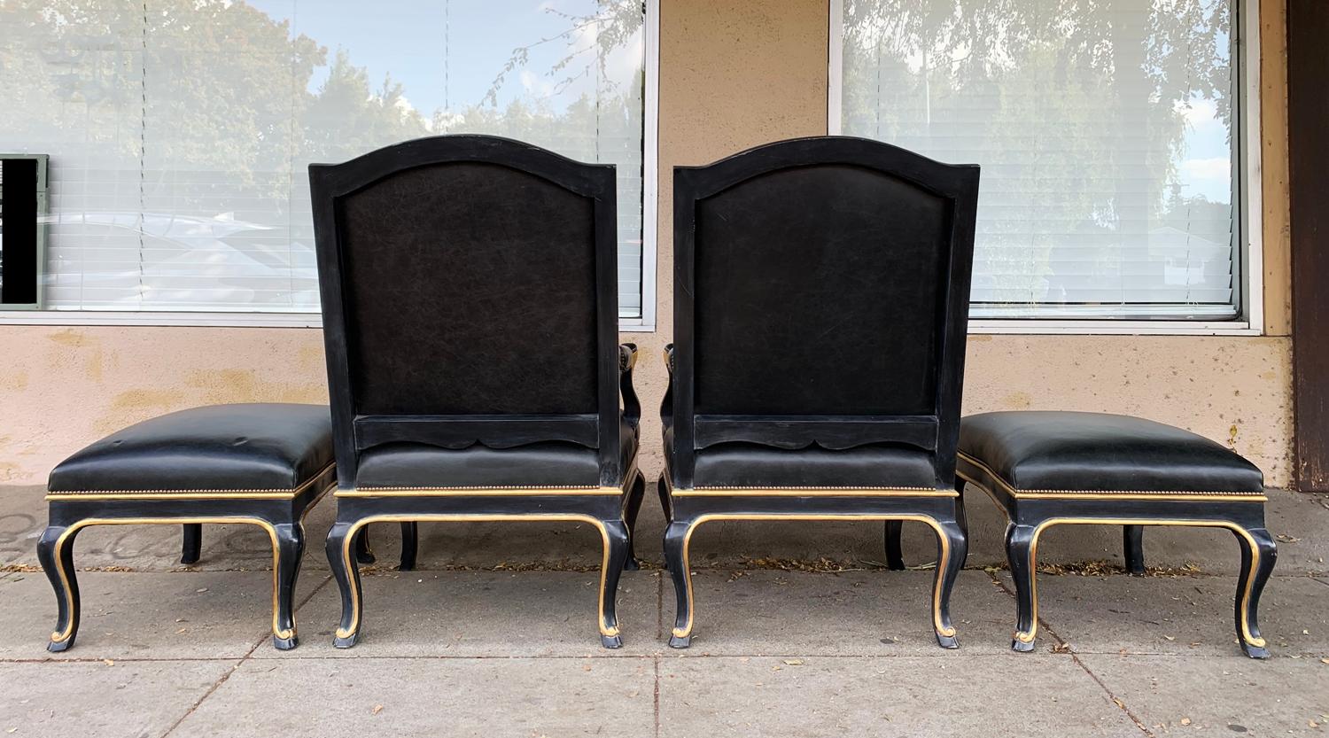 20th Century Pair of Black Leather Armchairs and Ottomans, circa 1960s