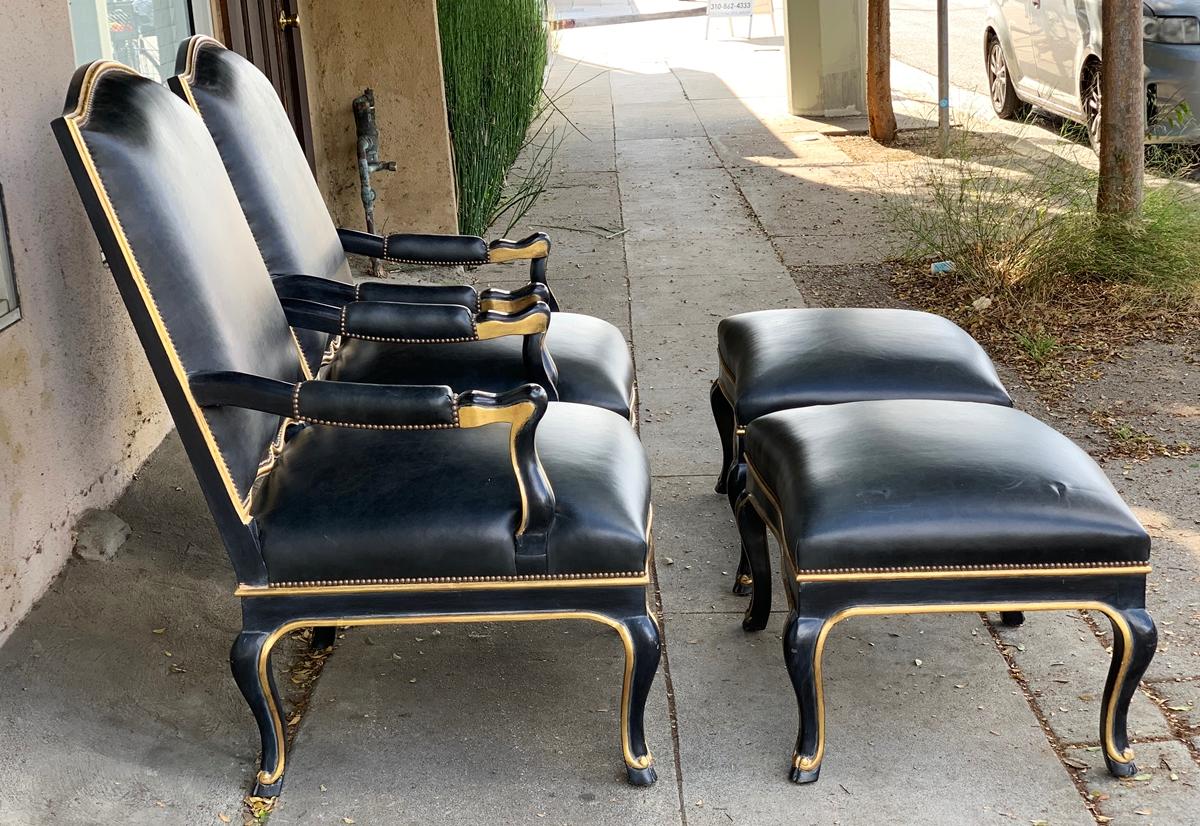 Pair of Black Leather Armchairs and Ottomans, circa 1960s 2