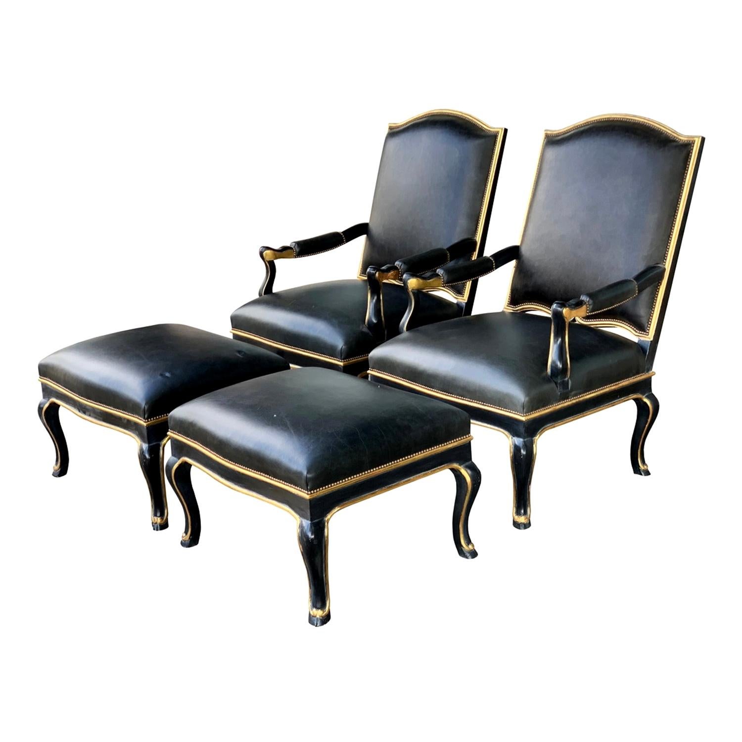 Pair of Black Leather Armchairs and Ottomans, circa 1960s
