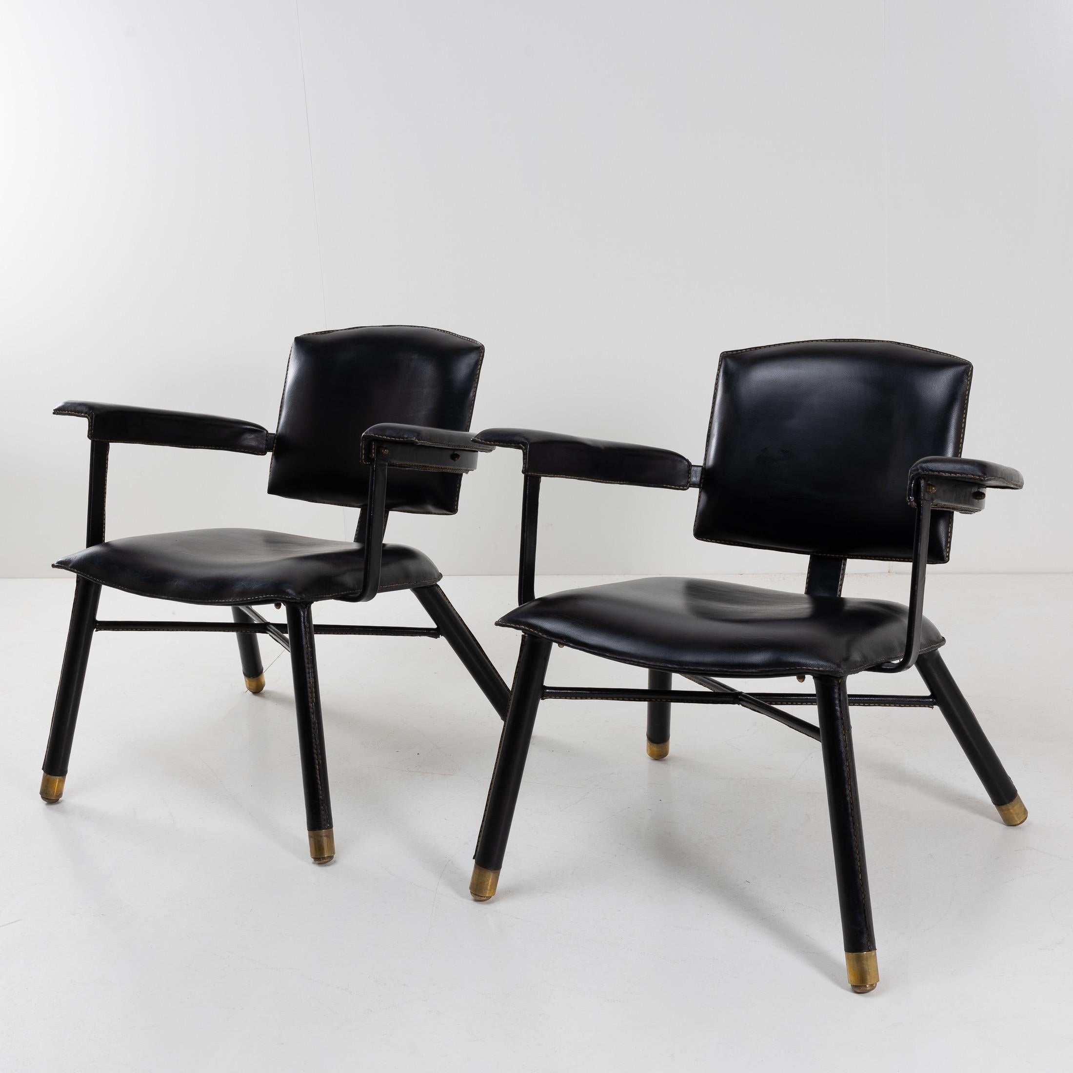 Mid-Century Modern Pair of Black Leather Armchairs Called “Chauffeuse” by Jacques Adnet