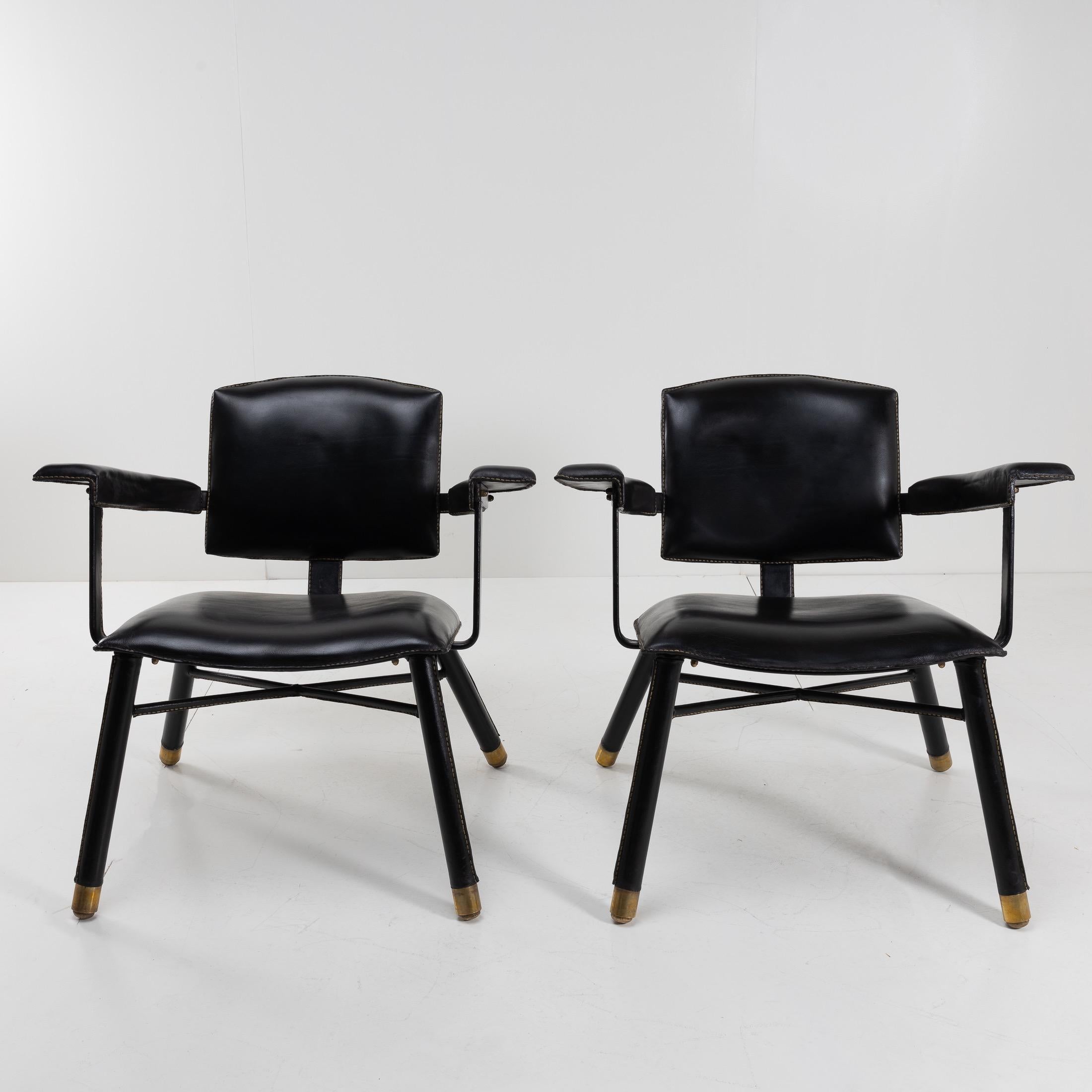French Pair of Black Leather Armchairs Called “Chauffeuse” by Jacques Adnet