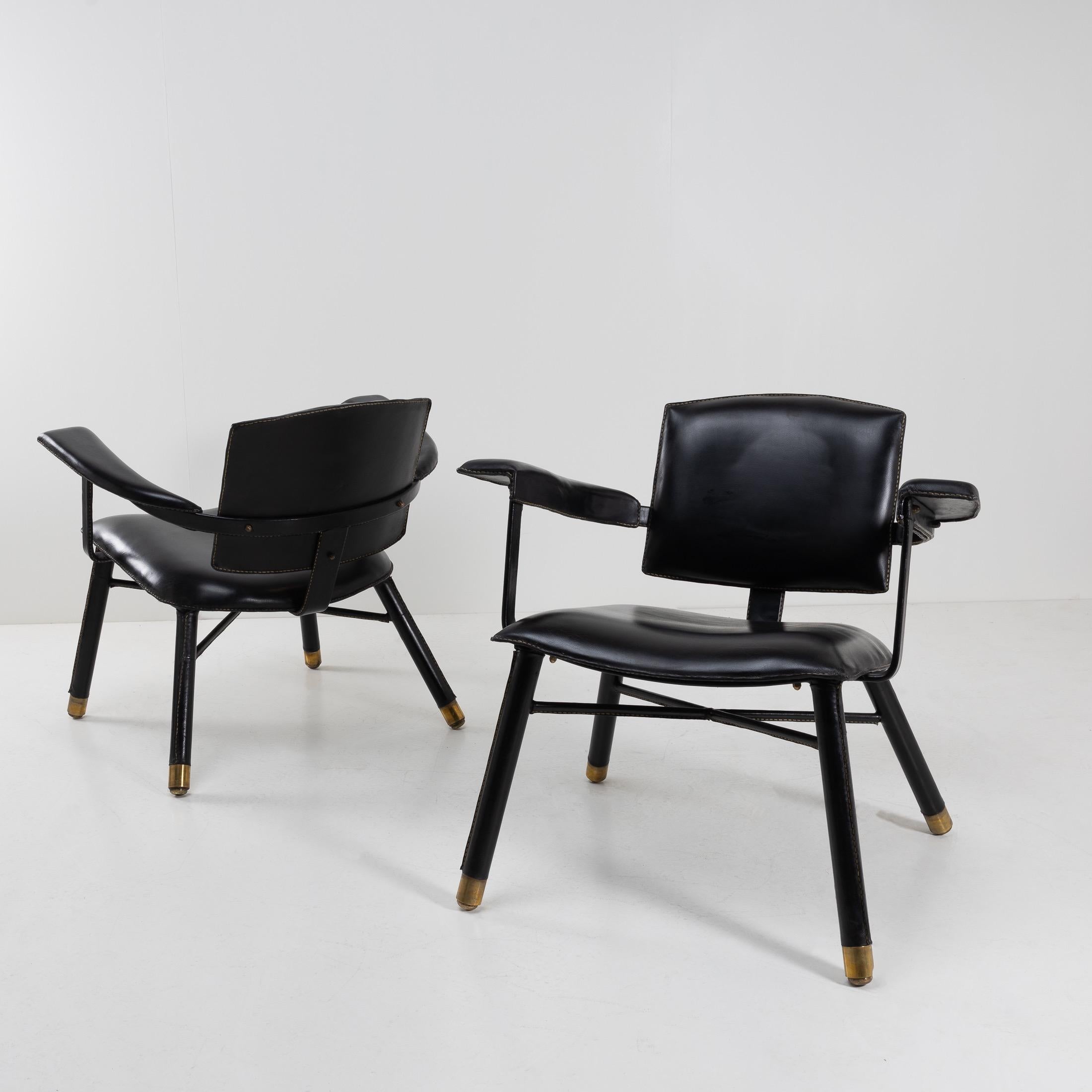 20th Century Pair of Black Leather Armchairs Called “Chauffeuse” by Jacques Adnet