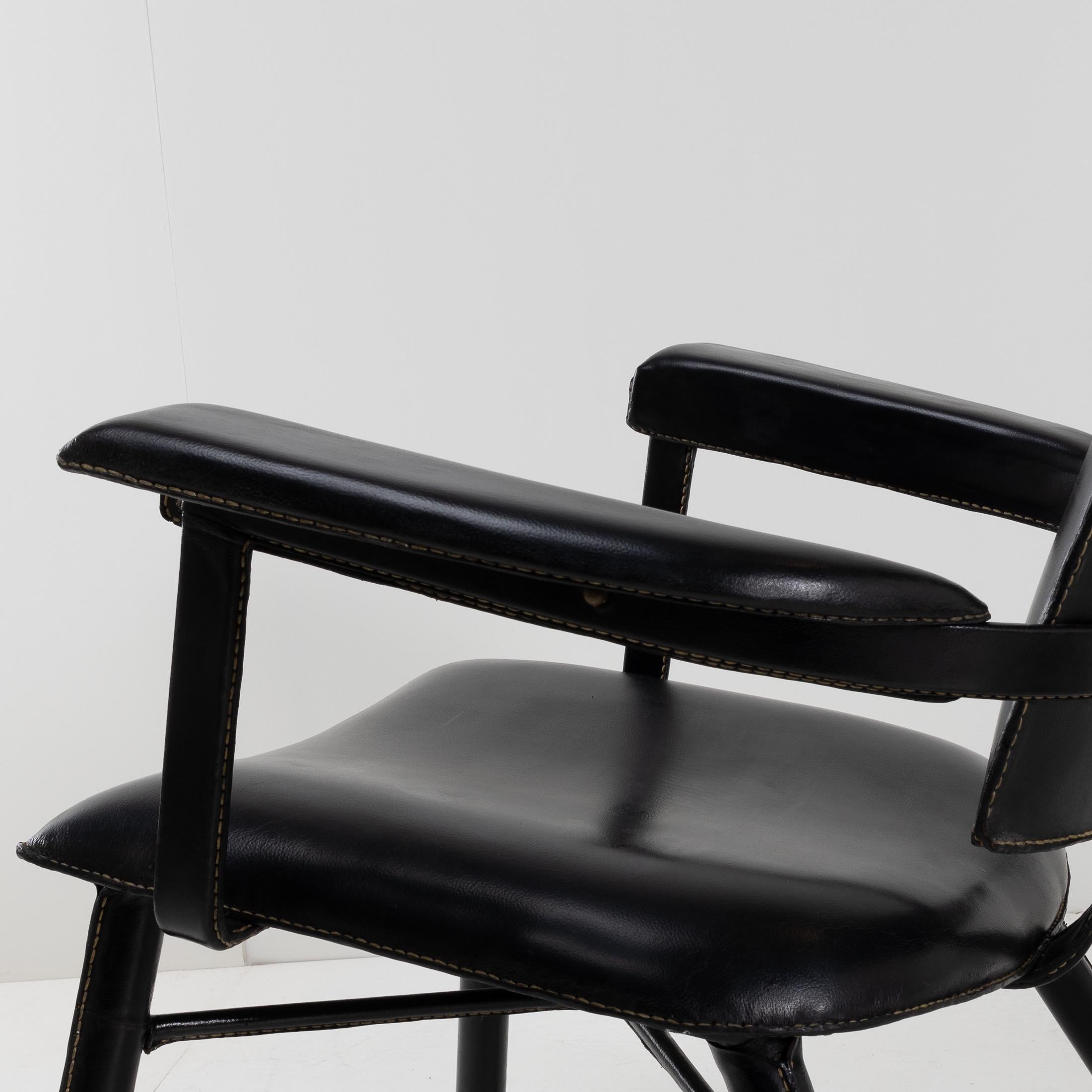 Pair of Black Leather Armchairs Called “Chauffeuse” by Jacques Adnet 1