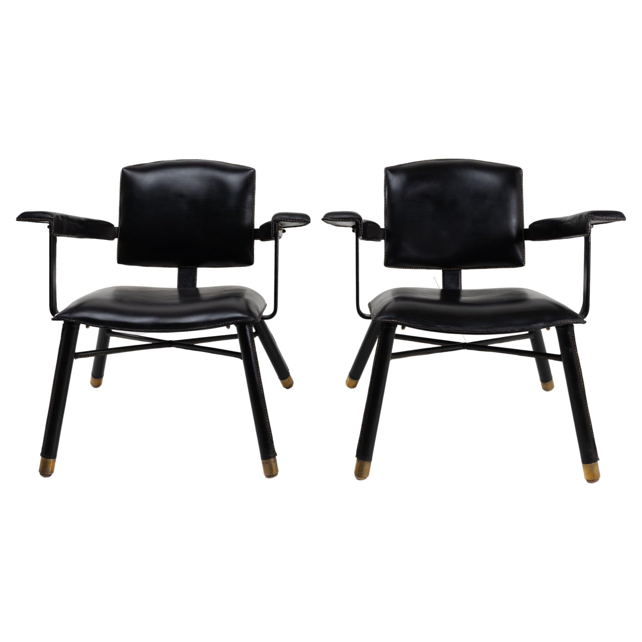 Pair of Black Leather Armchairs Called �“Chauffeuse” by Jacques Adnet