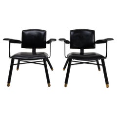 Vintage Pair of Black Leather Armchairs Called “Chauffeuse” by Jacques Adnet