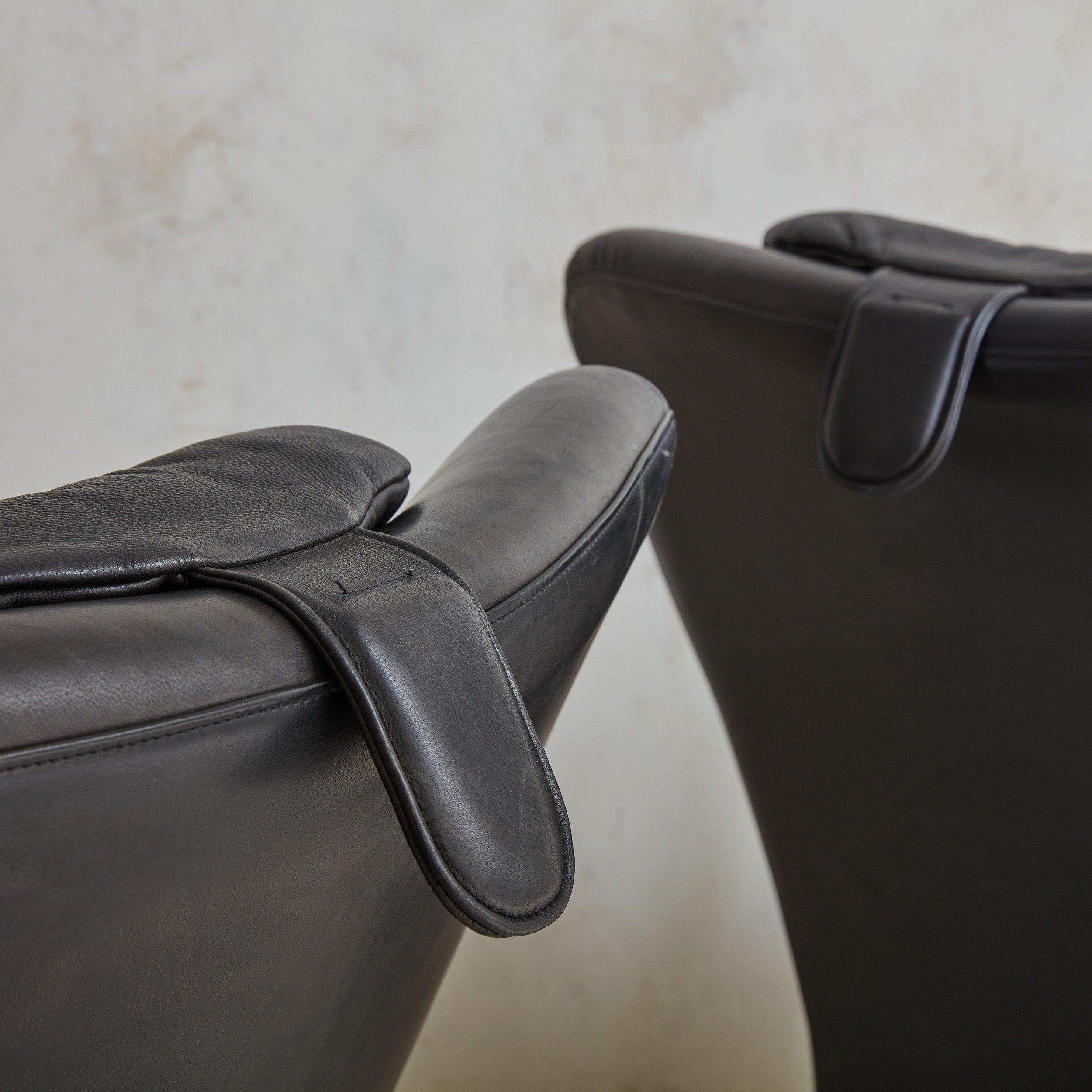 Pair of Black Leather Armchairs with Footstool by Both Søren Nissen & Ebbe Gehl For Sale 1