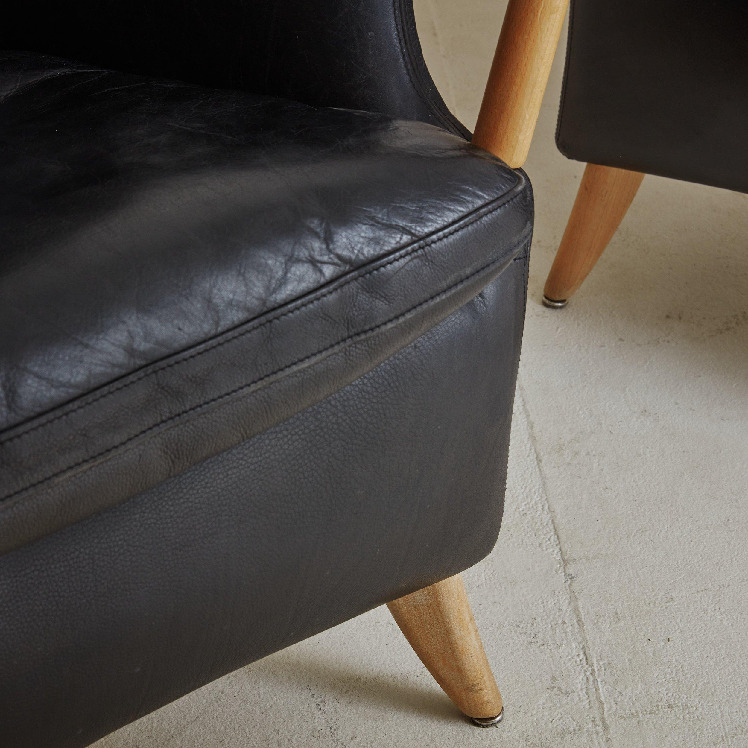 Pair of Black Leather Armchairs with Footstool by Both Søren Nissen & Ebbe Gehl For Sale 2