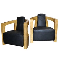 Pair of Black Leather Art Deco Style Lounge Chairs