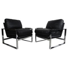 Pair of Black Leather Baughman Style Contemporary Lounge Chairs