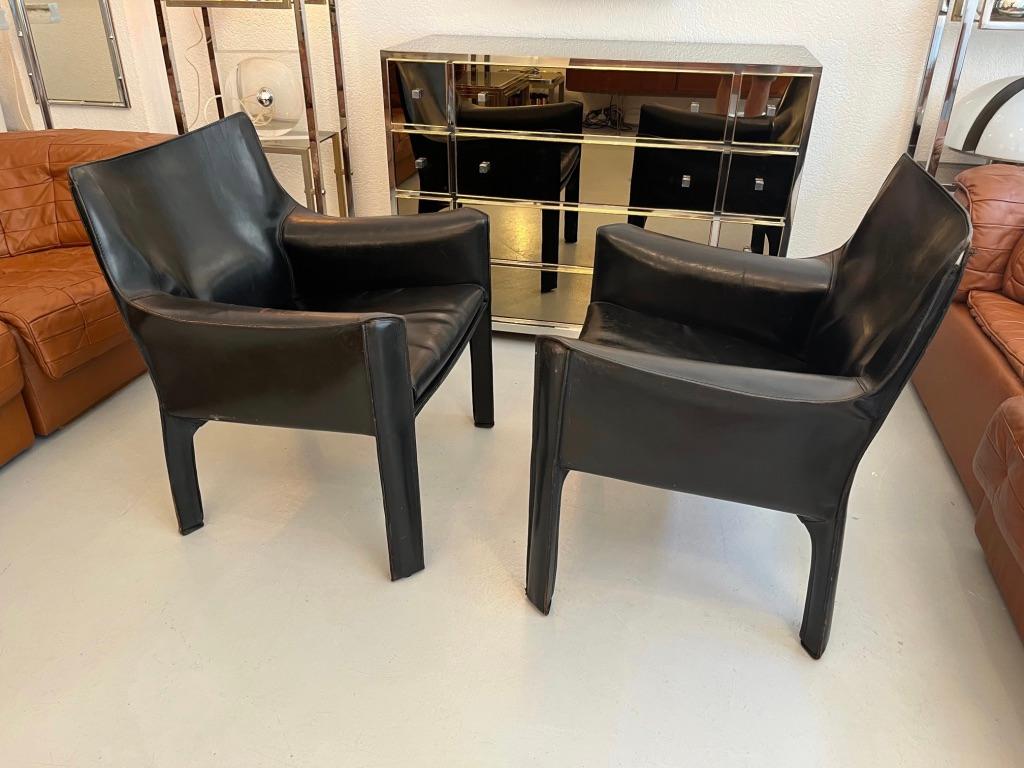 italien Paire de chaises longues Cab 414 en cuir noir de Mario Bellini, Cassina, vers les années 1970 en vente