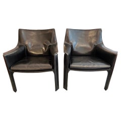 Paire de chaises longues Cab 414 en cuir noir de Mario Bellini, Cassina, vers les années 1970