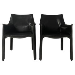 Pair of Black Leather 'Cab' Armchairs by Mario Bellini for Cassina, Signed