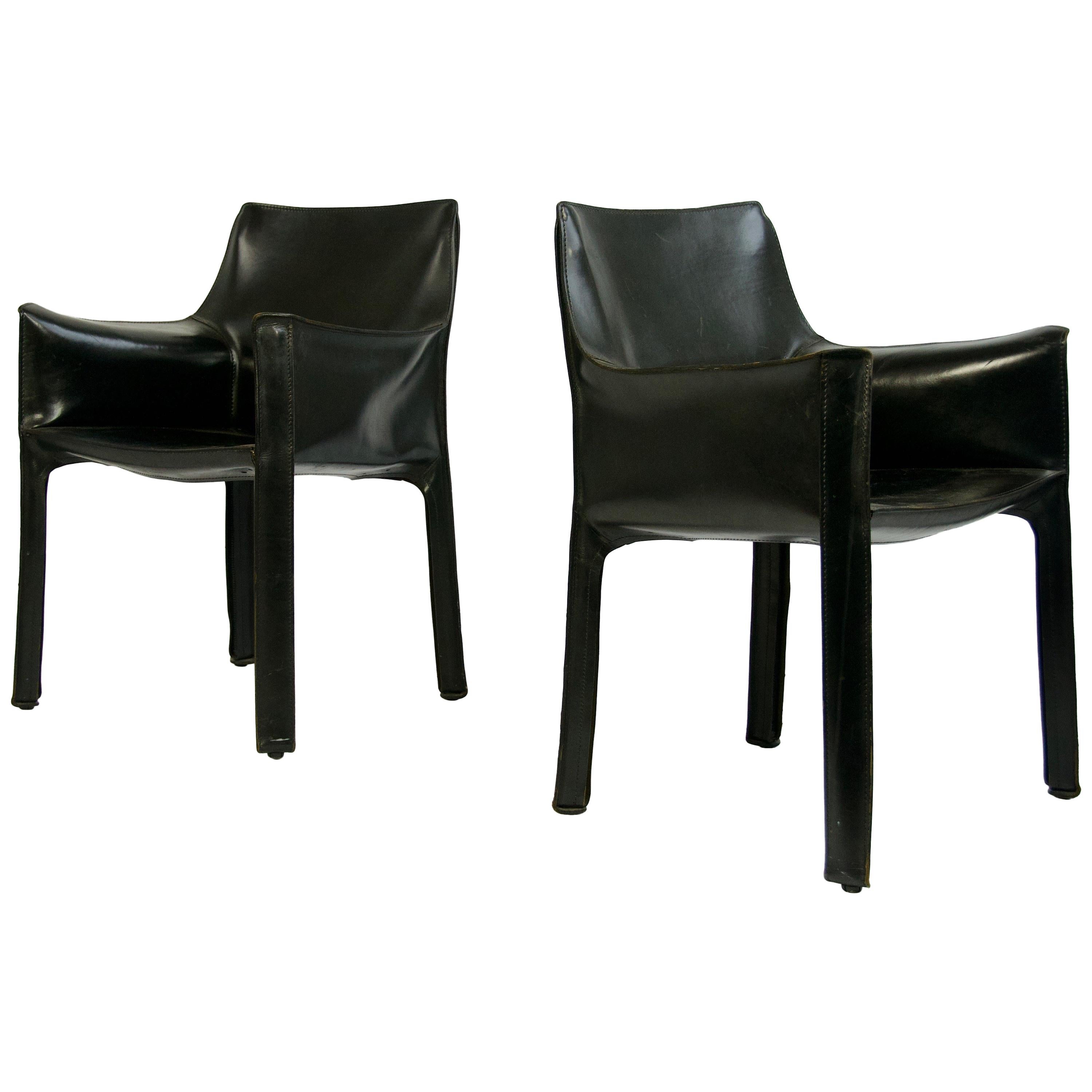 Pair of Black Leather "CAB" Chairs Designed by Mario Bellini
