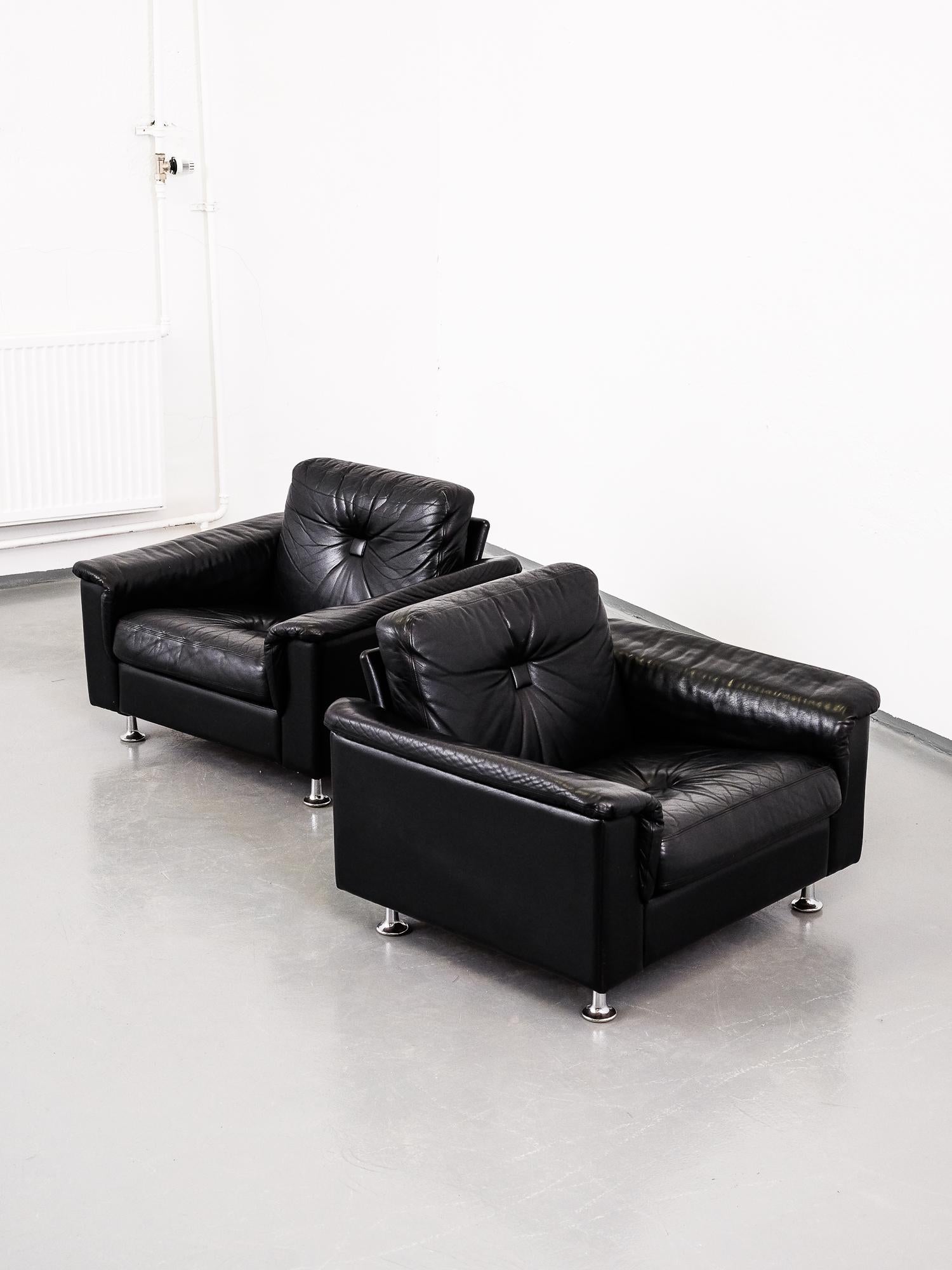 Scandinavian Pair of Black Leather and Chrome Lounge Chairs, 1970s