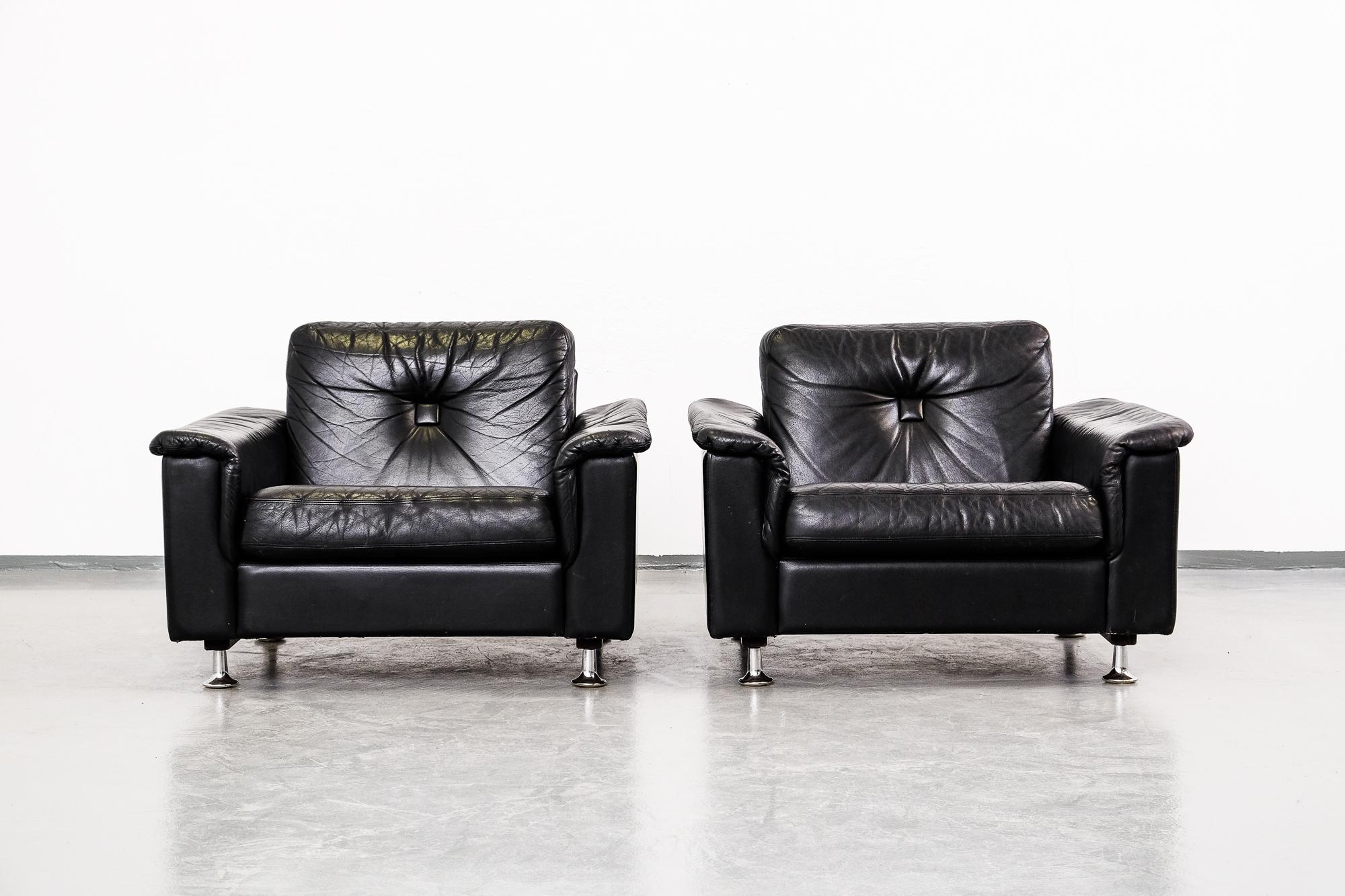 Pair of Black Leather and Chrome Lounge Chairs, 1970s 2